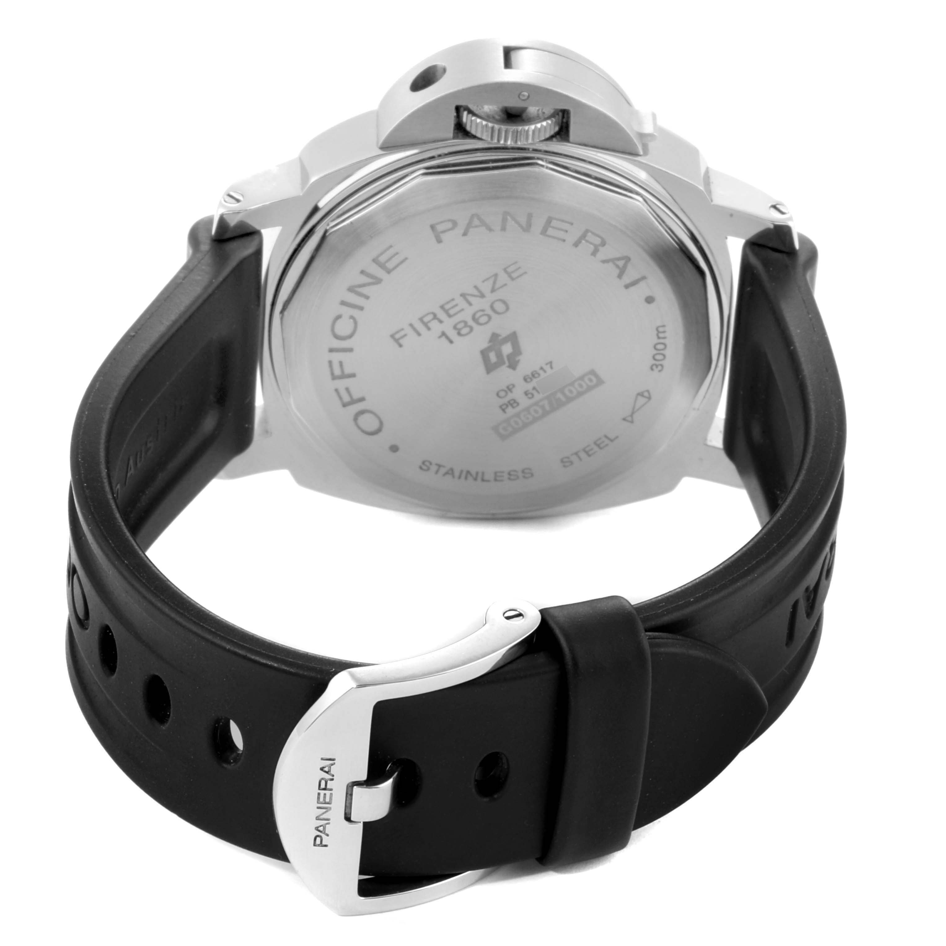 This image shows the rear view of the Panerai Luminor PAM00000 Men's Stainless Steel Black Dial PAM00000 Men's Stainless Steel Black Dial watch, highlighting its case back and buckle.