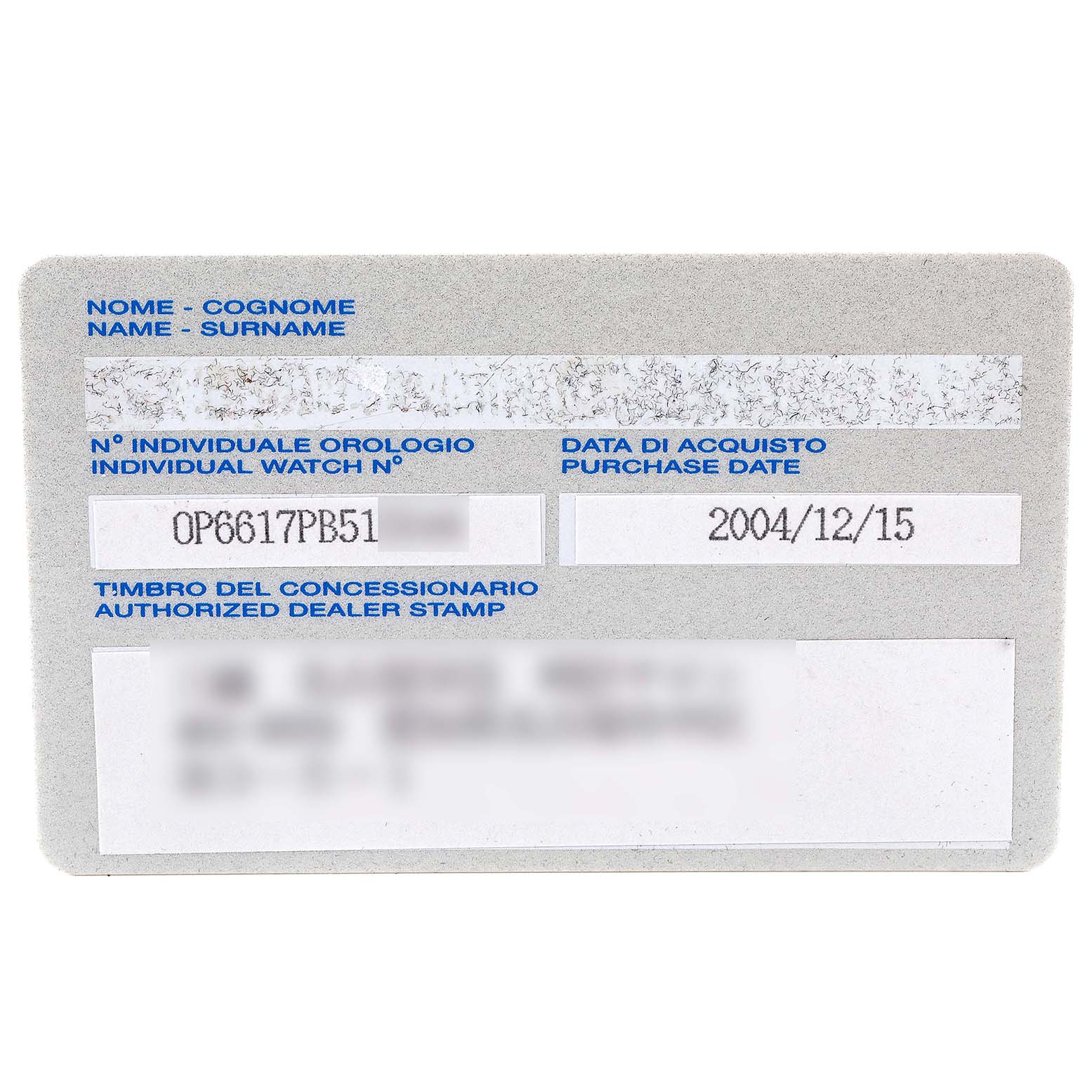 This image shows the authorized dealer stamp card for a Panerai Luminor PAM00000 Men's Stainless Steel Black Dial PAM00000 Men's Stainless Steel Black Dial watch model.