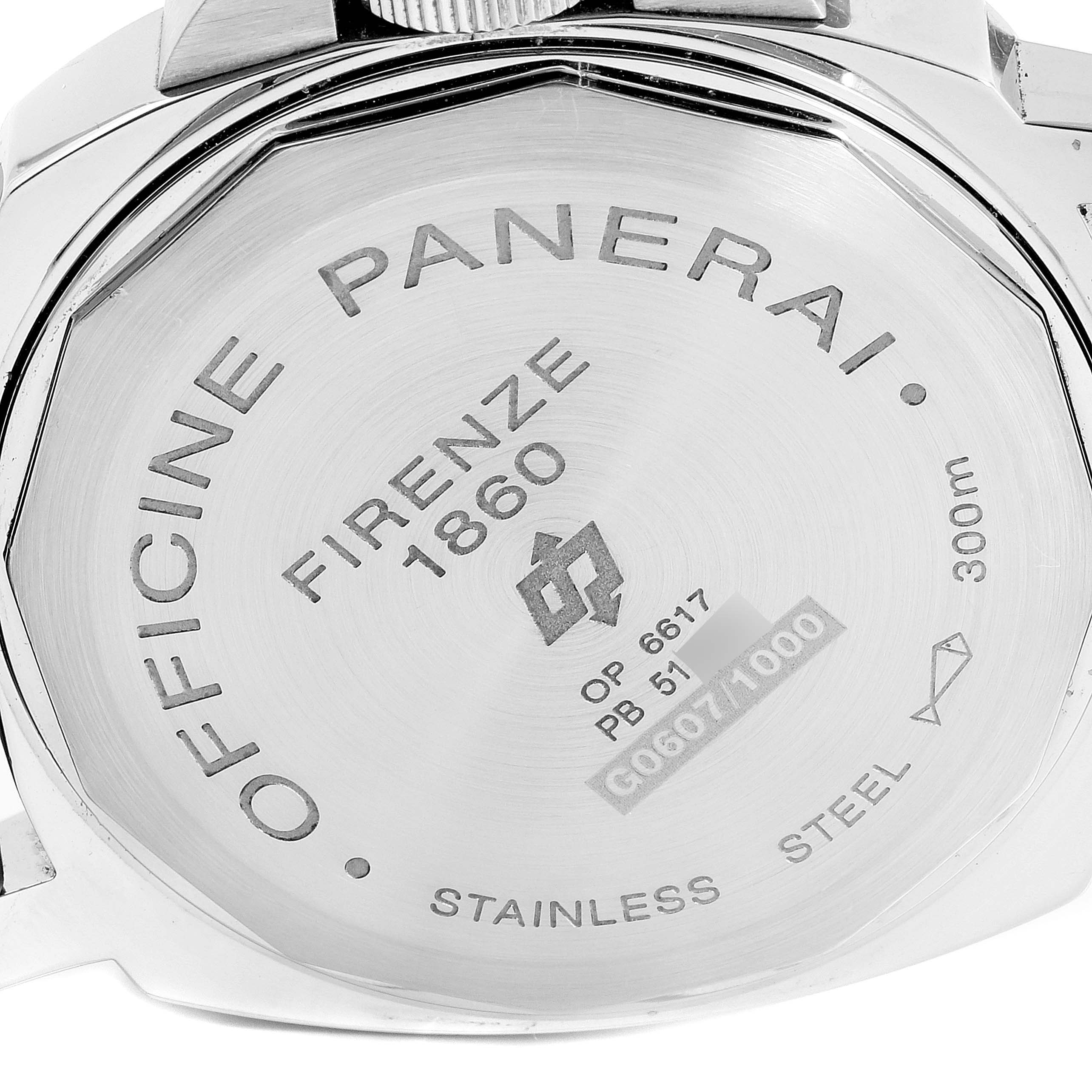 The image shows the case back of a Panerai Luminor PAM00000 Men's Stainless Steel Black Dial PAM00000 Men's Stainless Steel Black Dial watch, displaying engraving details such as "Officine Panerai" and the model number.
