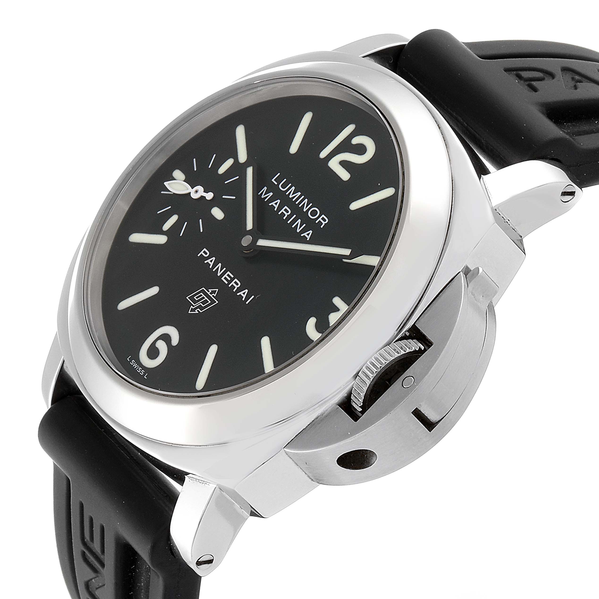 The image shows a Panerai Luminor PAM00000 Men's Stainless Steel Black Dial PAM00000 Men's Stainless Steel Black Dial Marina watch at an oblique angle, highlighting the black dial, case, and crown guard.