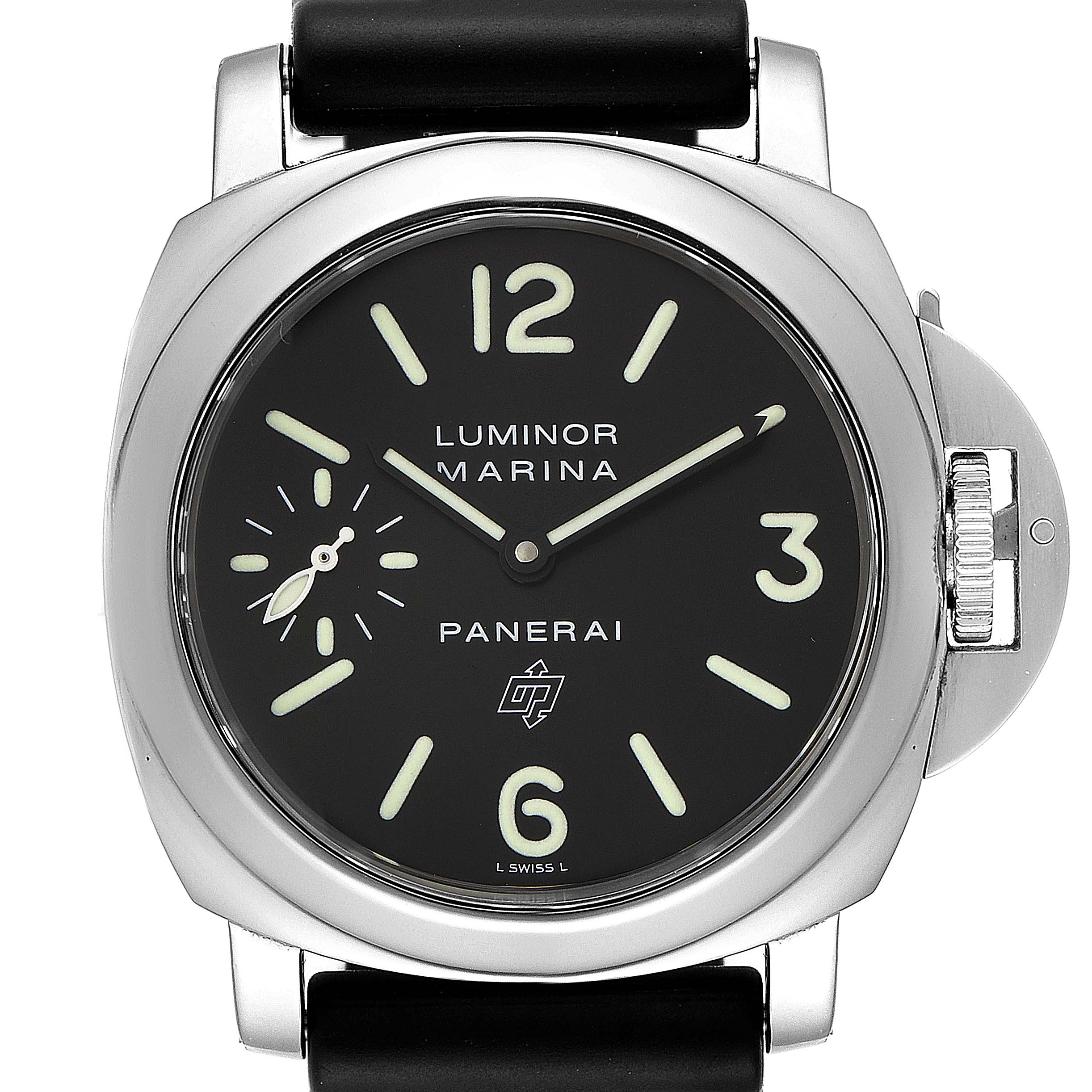 The front view of the Panerai Luminor PAM00000 Men's Stainless Steel Black Dial PAM00000 Men's Stainless Steel Black Dial Marina watch shows the face, crown protection, and strap ends.
