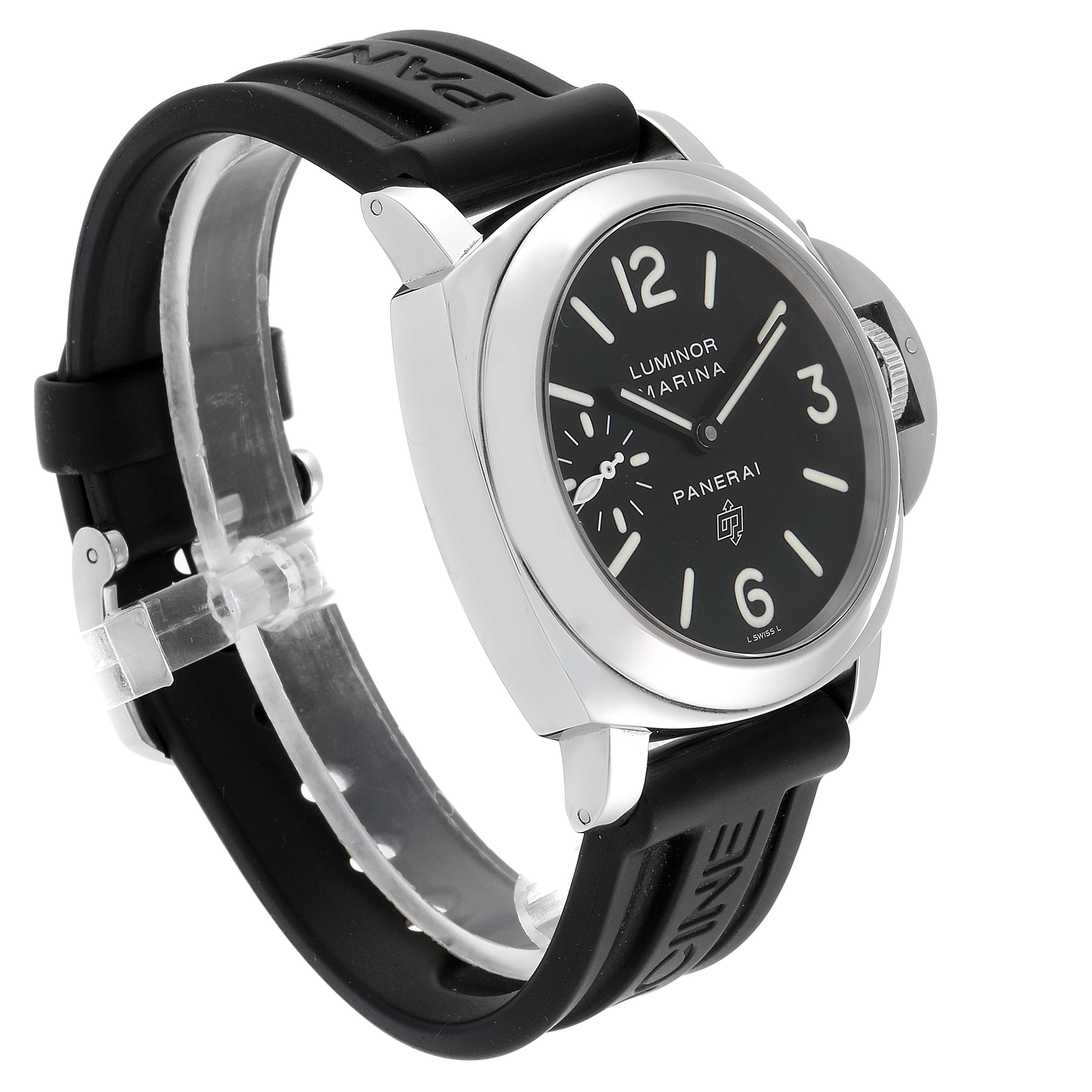 The image shows a Panerai Luminor PAM00000 Men's Stainless Steel Black Dial PAM00000 Men's Stainless Steel Black Dial model watch from an angled side view, highlighting the black dial, black strap, and crown guard.