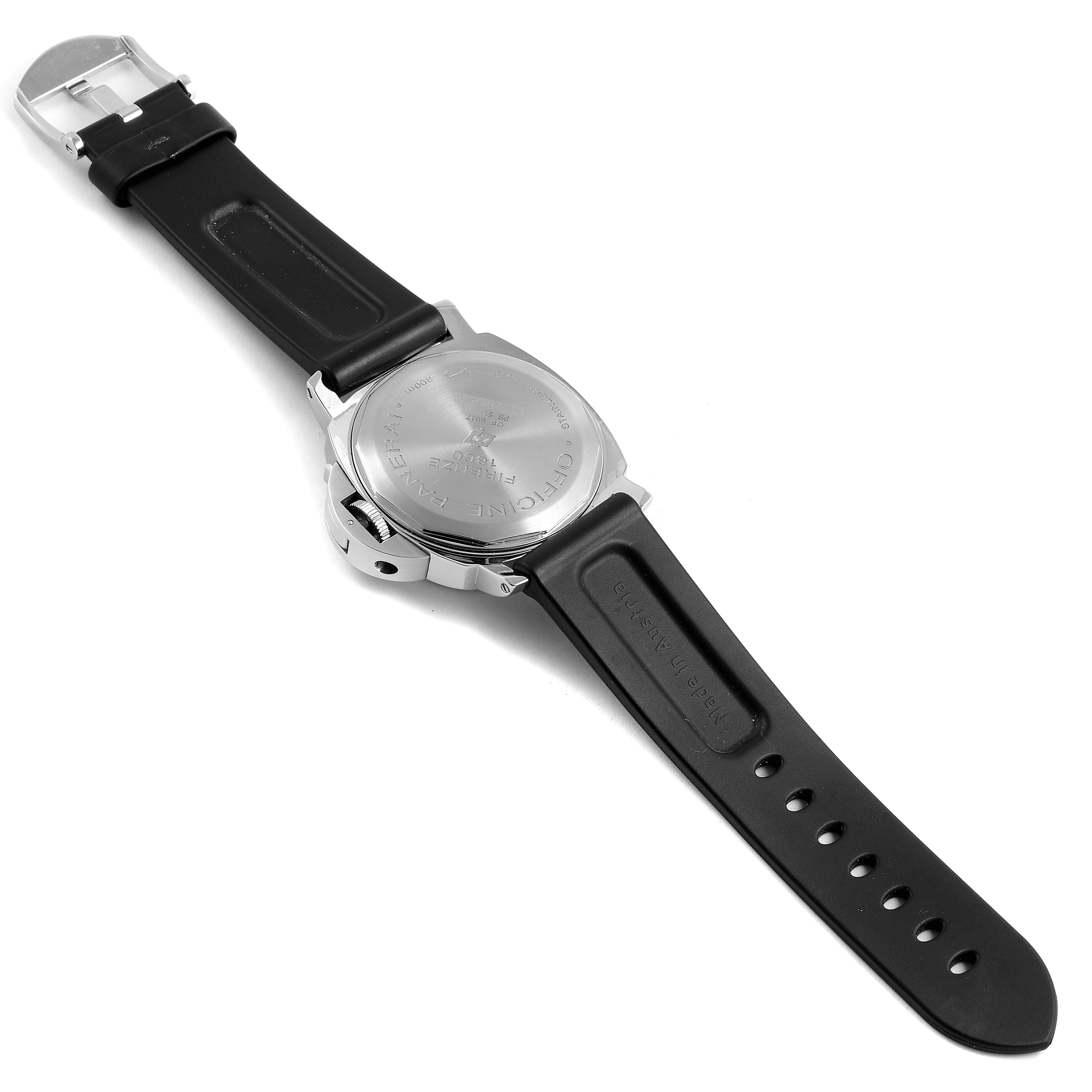 The image shows the back view of a Panerai Luminor PAM00000 Men's Stainless Steel Black Dial PAM00000 Men's Stainless Steel Black Dial watch, highlighting the case back and the black strap.