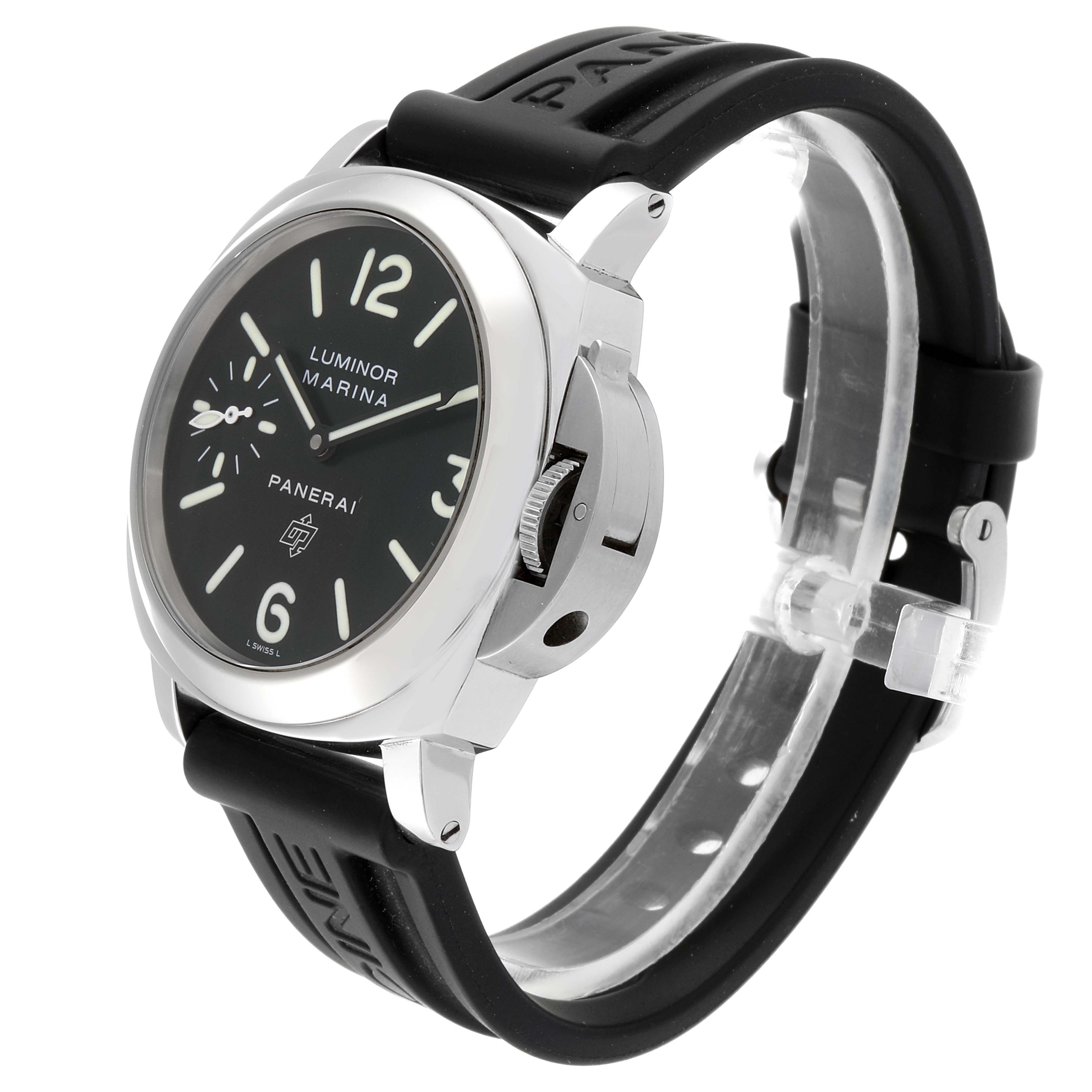The image shows a Panerai Luminor PAM00000 Men's Stainless Steel Black Dial PAM00000 Men's Stainless Steel Black Dial watch at a three-quarter angle, highlighting the dial, case, and rubber strap.