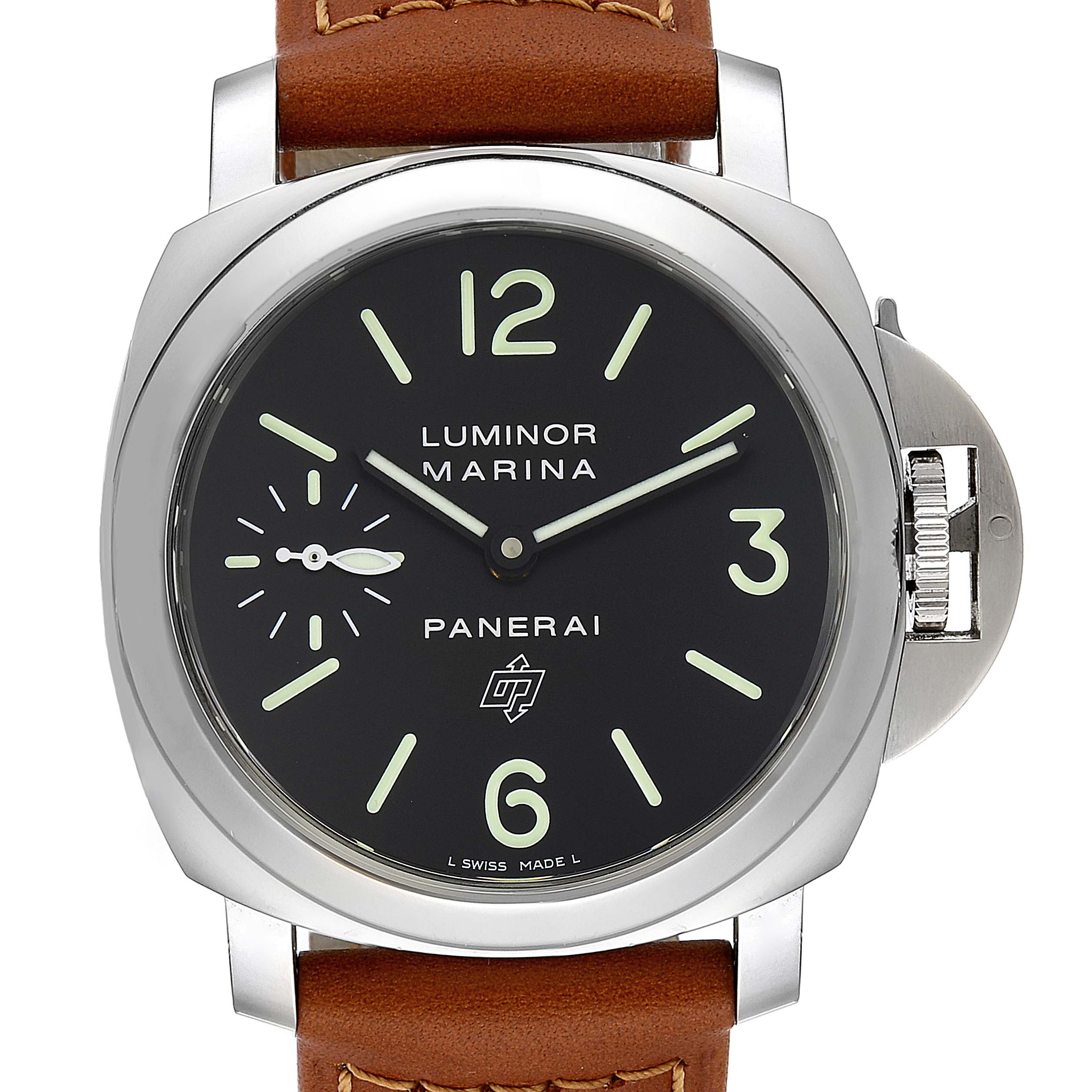 The image shows a front view of a Panerai Luminor PAM01005 Men's Stainless Steel Black Dial PAM01005 Men's Stainless Steel Black Dial Marina watch, featuring the dial, case, and part of the leather strap.