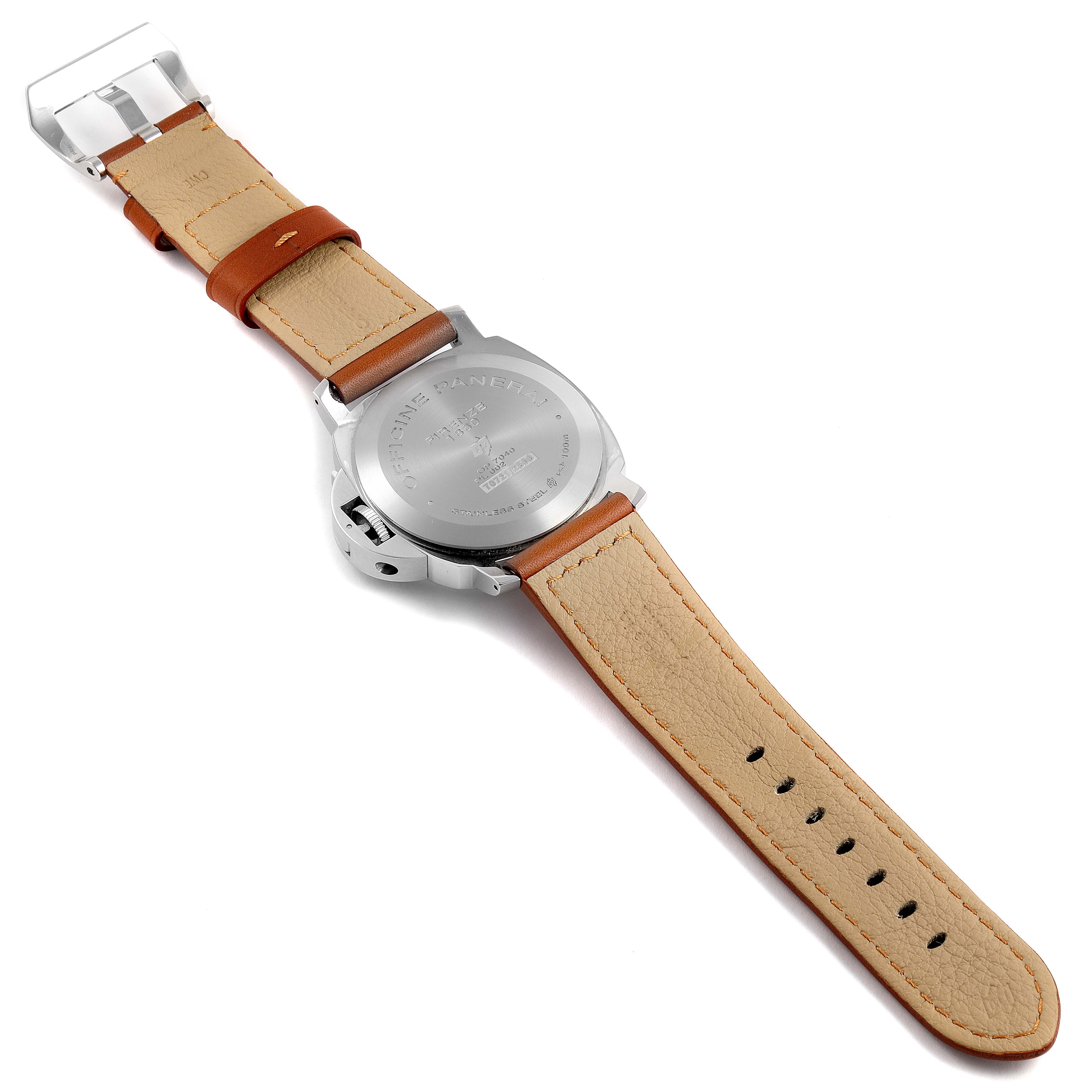 The image shows the back view of a Panerai Luminor PAM01005 Men's Stainless Steel Black Dial PAM01005 Men's Stainless Steel Black Dial watch, highlighting the case back and leather strap.