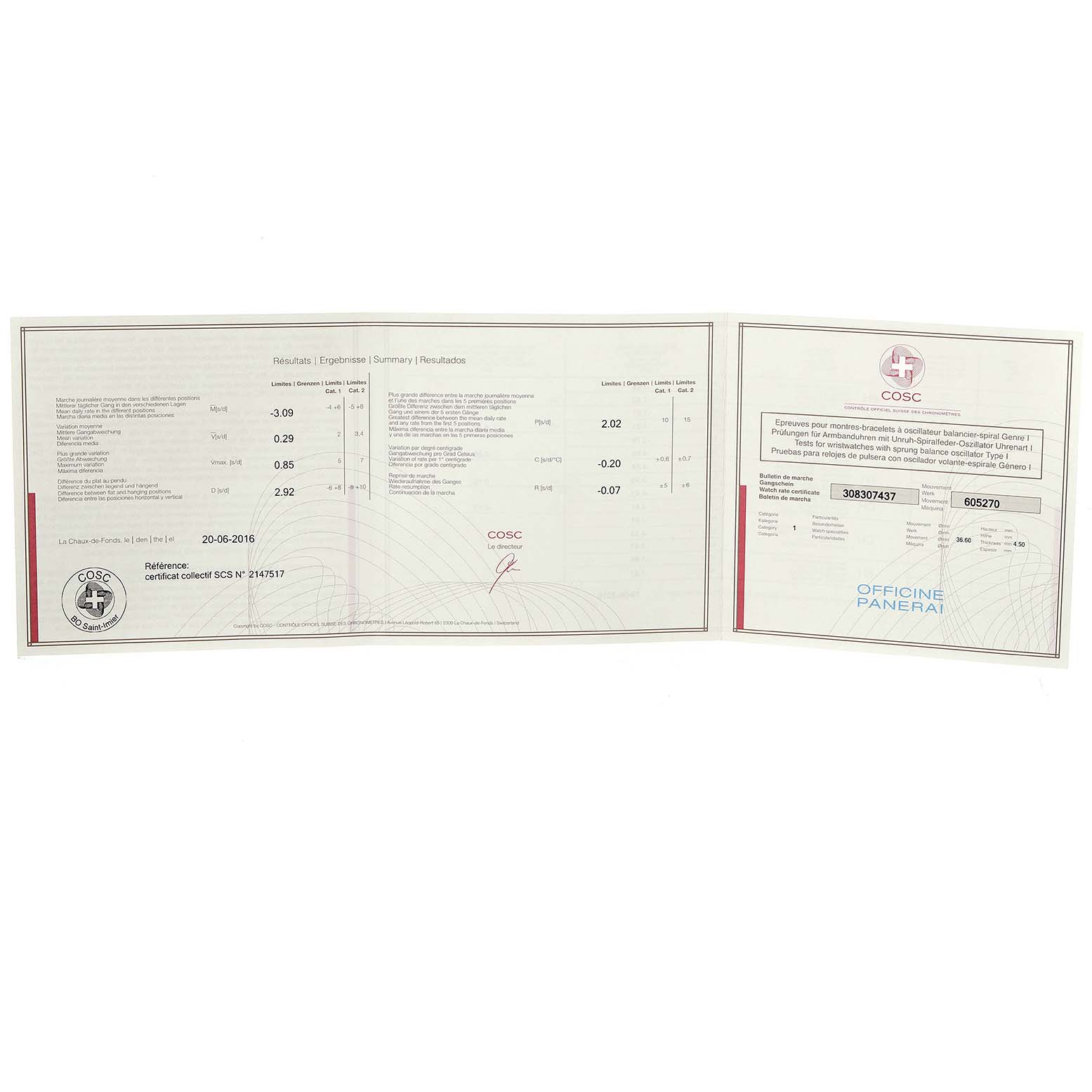 The image shows the COSC certification documents for a Panerai Luminor PAM01005 Men's Stainless Steel Black Dial PAM01005 Men's Stainless Steel Black Dial watch, laid flat.