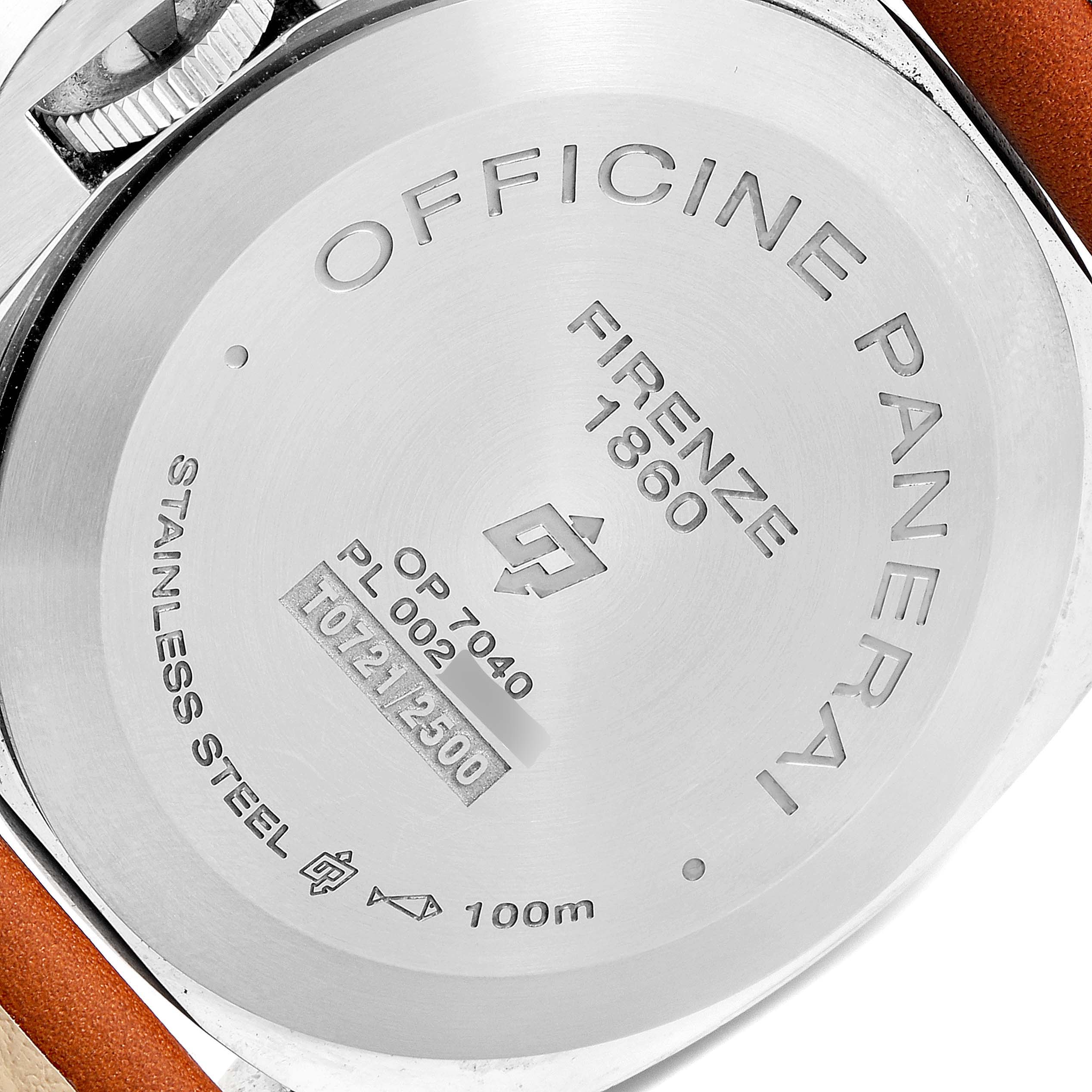 This image shows the case back of a Panerai Luminor PAM01005 Men's Stainless Steel Black Dial PAM01005 Men's Stainless Steel Black Dial watch, highlighting its engravings and details.