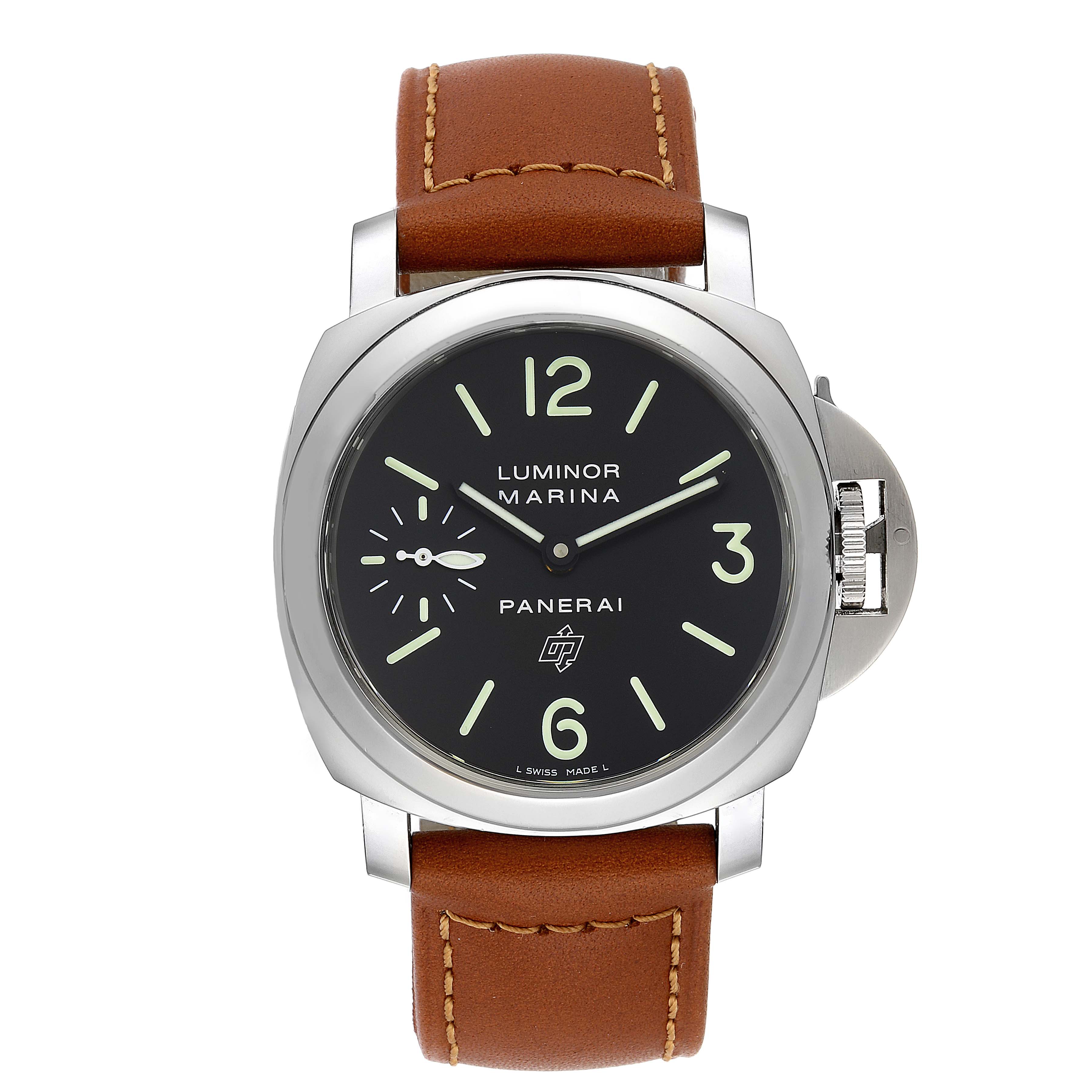The image shows a front view of the Panerai Luminor PAM01005 Men's Stainless Steel Black Dial PAM01005 Men's Stainless Steel Black Dial model watch with a brown leather strap and black dial.