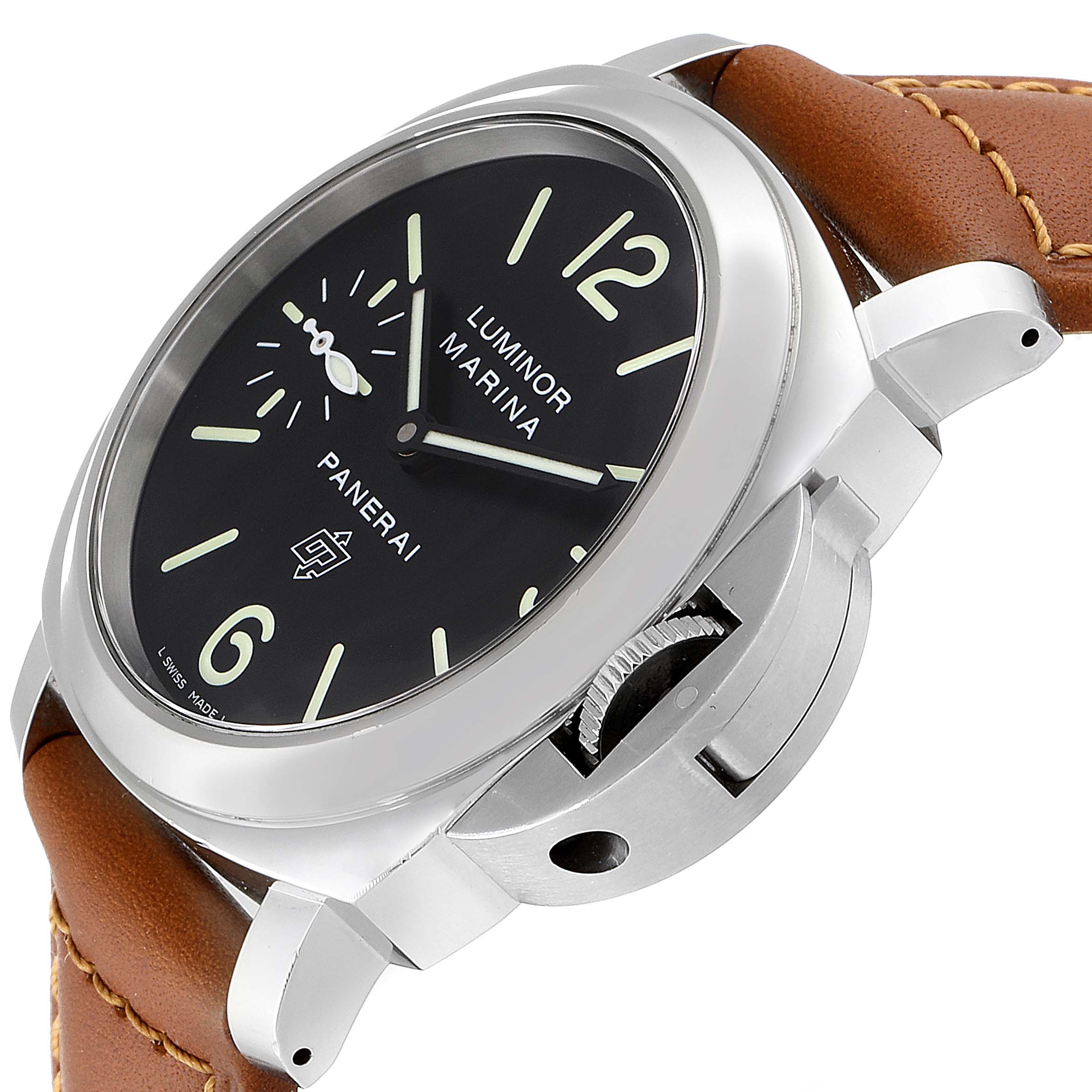 The image shows a side-angle view of a Panerai Luminor PAM01005 Men's Stainless Steel Black Dial PAM01005 Men's Stainless Steel Black Dial Marina watch, highlighting its dial, case, crown guard, and brown leather strap.