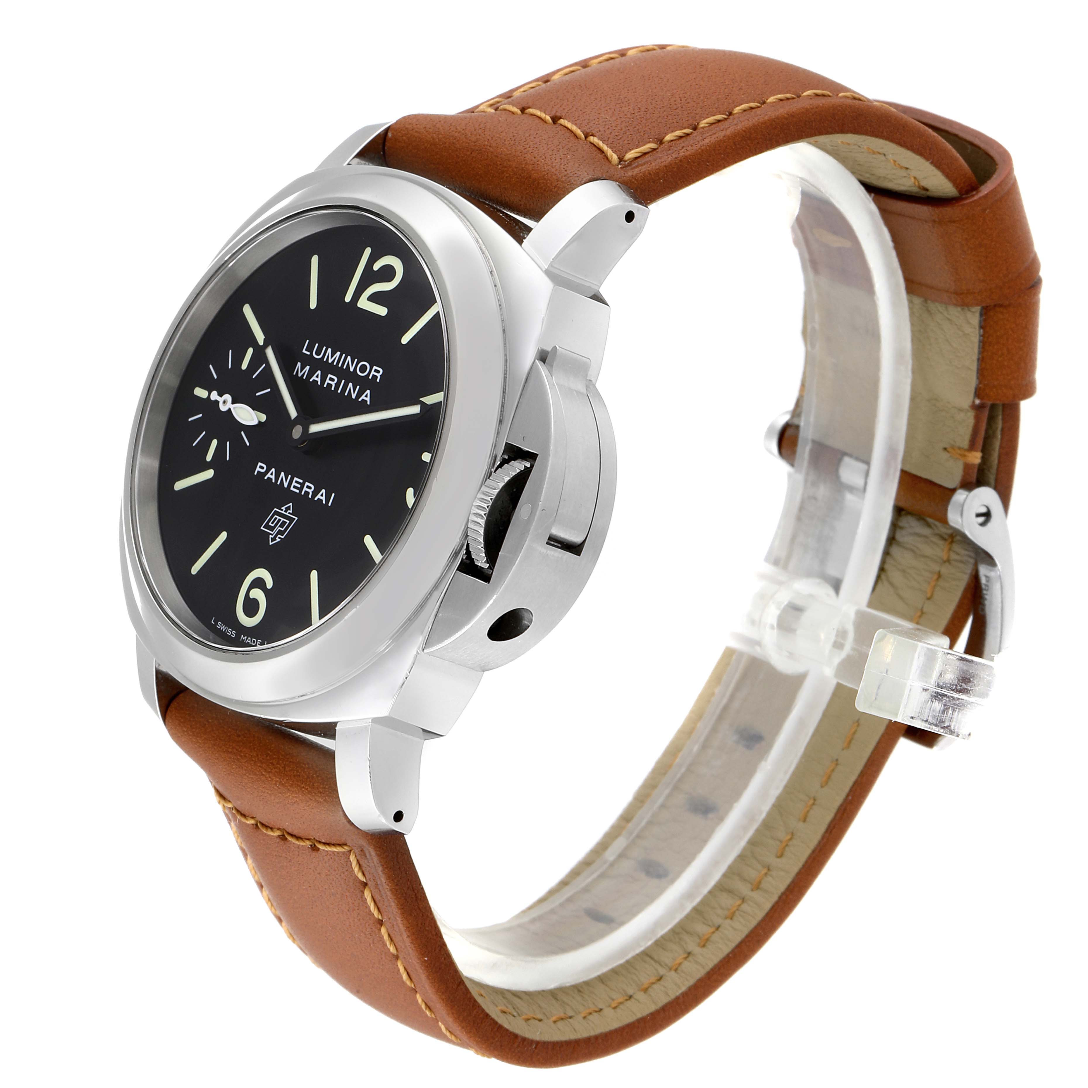 The image shows a side view of a Panerai Luminor PAM01005 Men's Stainless Steel Black Dial PAM01005 Men's Stainless Steel Black Dial watch, highlighting its case, dial, crown guard, and brown leather strap.