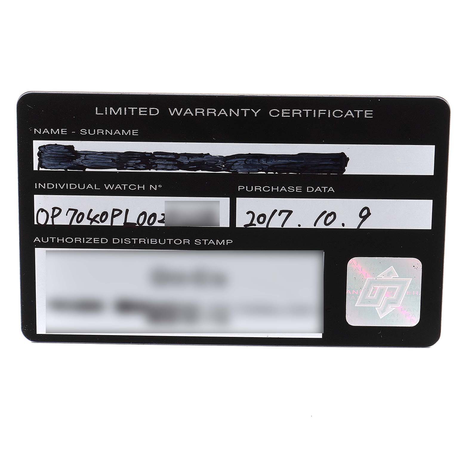 This image shows the limited warranty certificate for a Panerai Luminor PAM01005 Men's Stainless Steel Black Dial PAM01005 Men's Stainless Steel Black Dial watch.