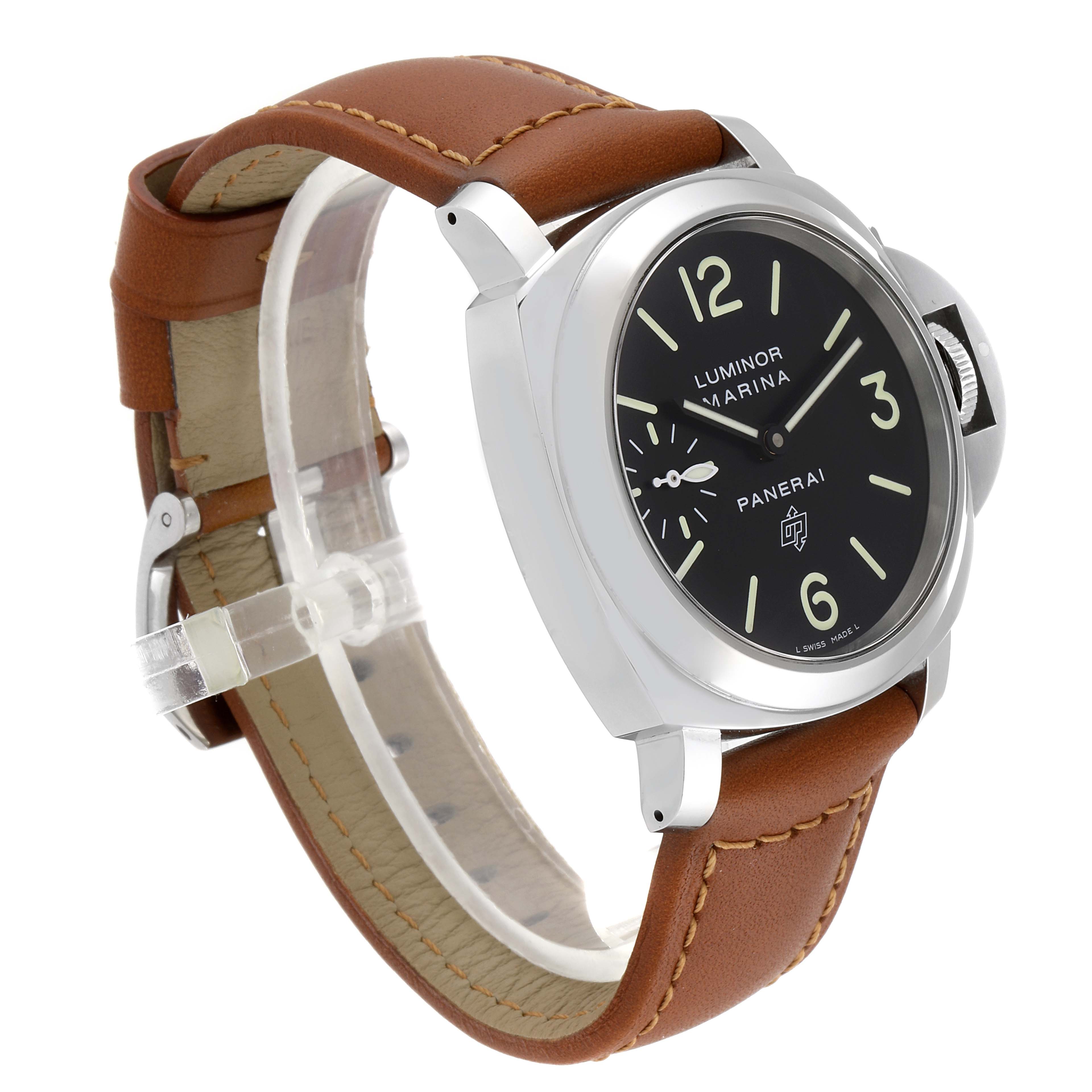 The image shows a side view of a Panerai Luminor PAM01005 Men's Stainless Steel Black Dial PAM01005 Men's Stainless Steel Black Dial watch, highlighting its brown leather strap and black dial.