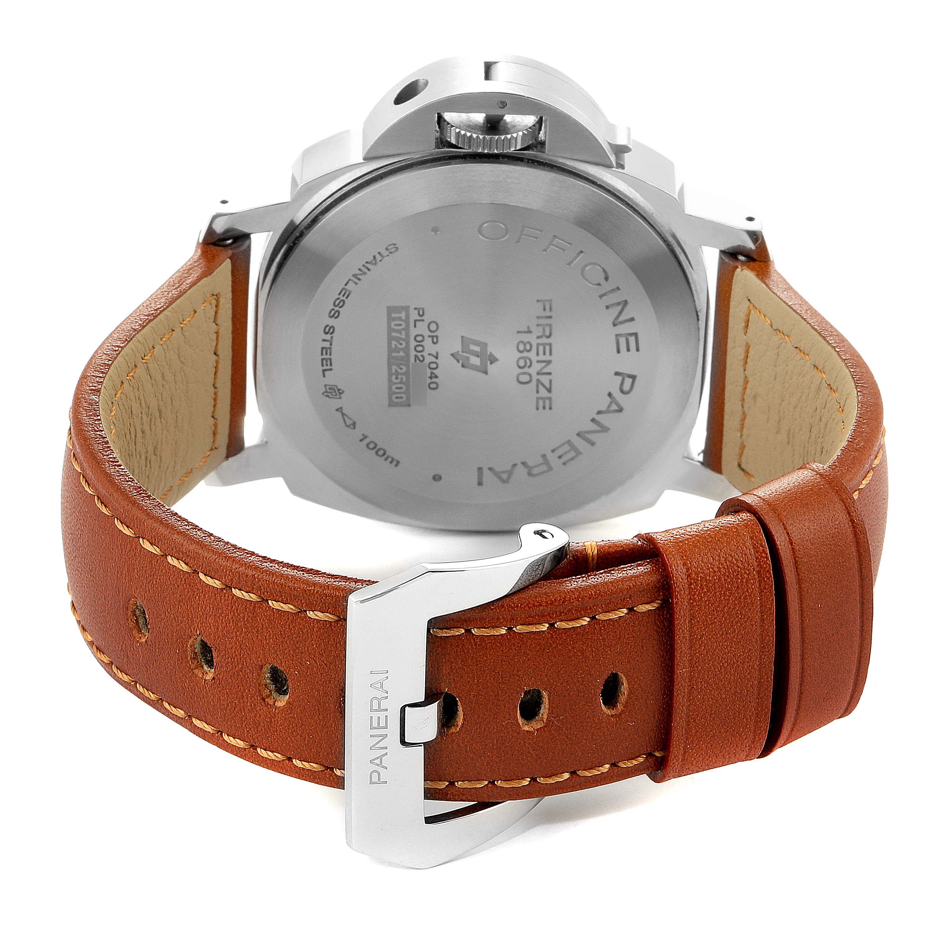 The image shows the back of a Panerai Luminor PAM01005 Men's Stainless Steel Black Dial PAM01005 Men's Stainless Steel Black Dial watch, focusing on the case back and leather strap with the buckle.