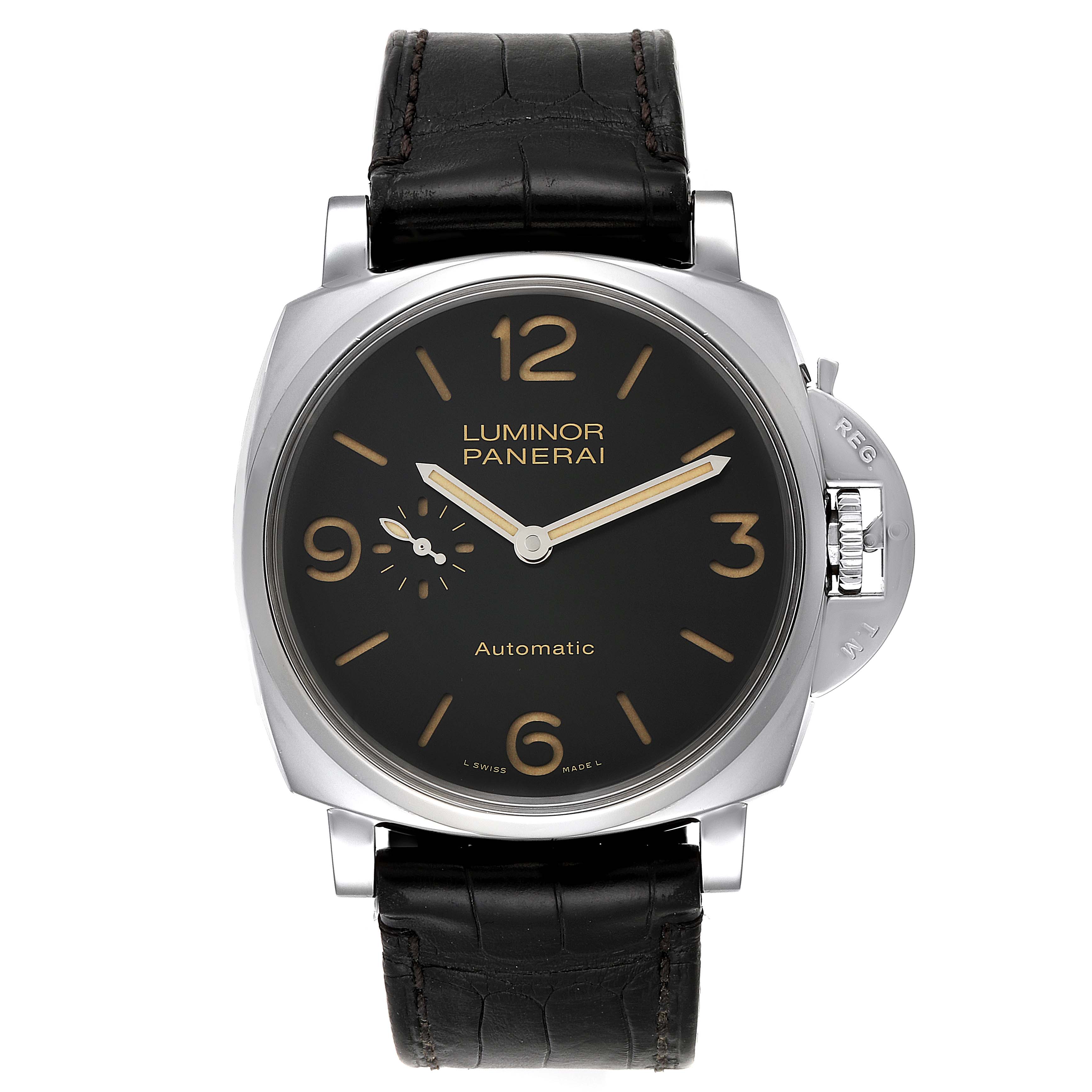 The image shows a Panerai Luminor Due PAM00674 Men's Stainless Steel Black Dial PAM00674 Men's Stainless Steel Black Dial watch from a front angle, displaying the dial, case, and strap.