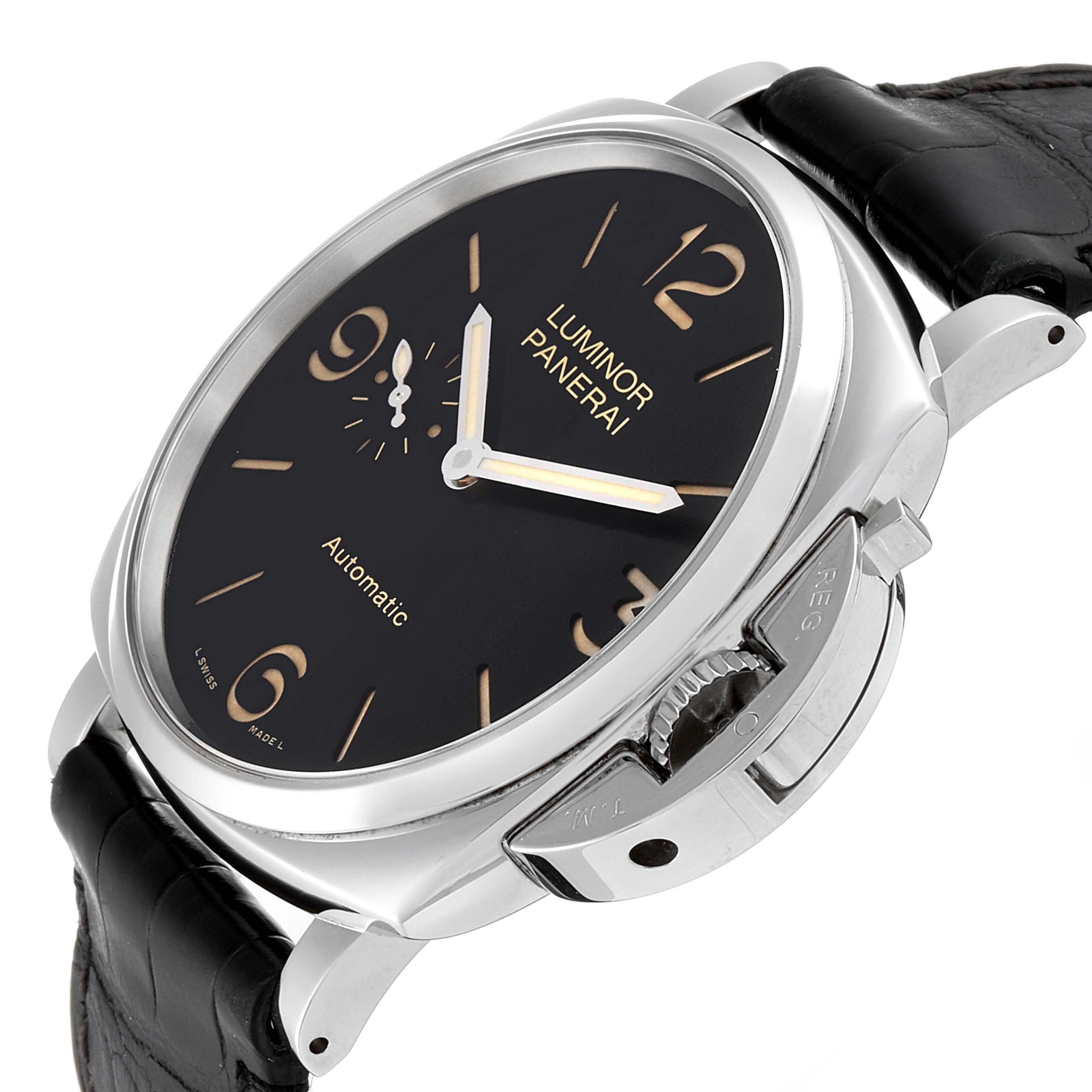 The image shows a Panerai Luminor Due PAM00674 Men's Stainless Steel Black Dial PAM00674 Men's Stainless Steel Black Dial watch in a close-up angle, focusing on the face, crown guard, and leather strap.