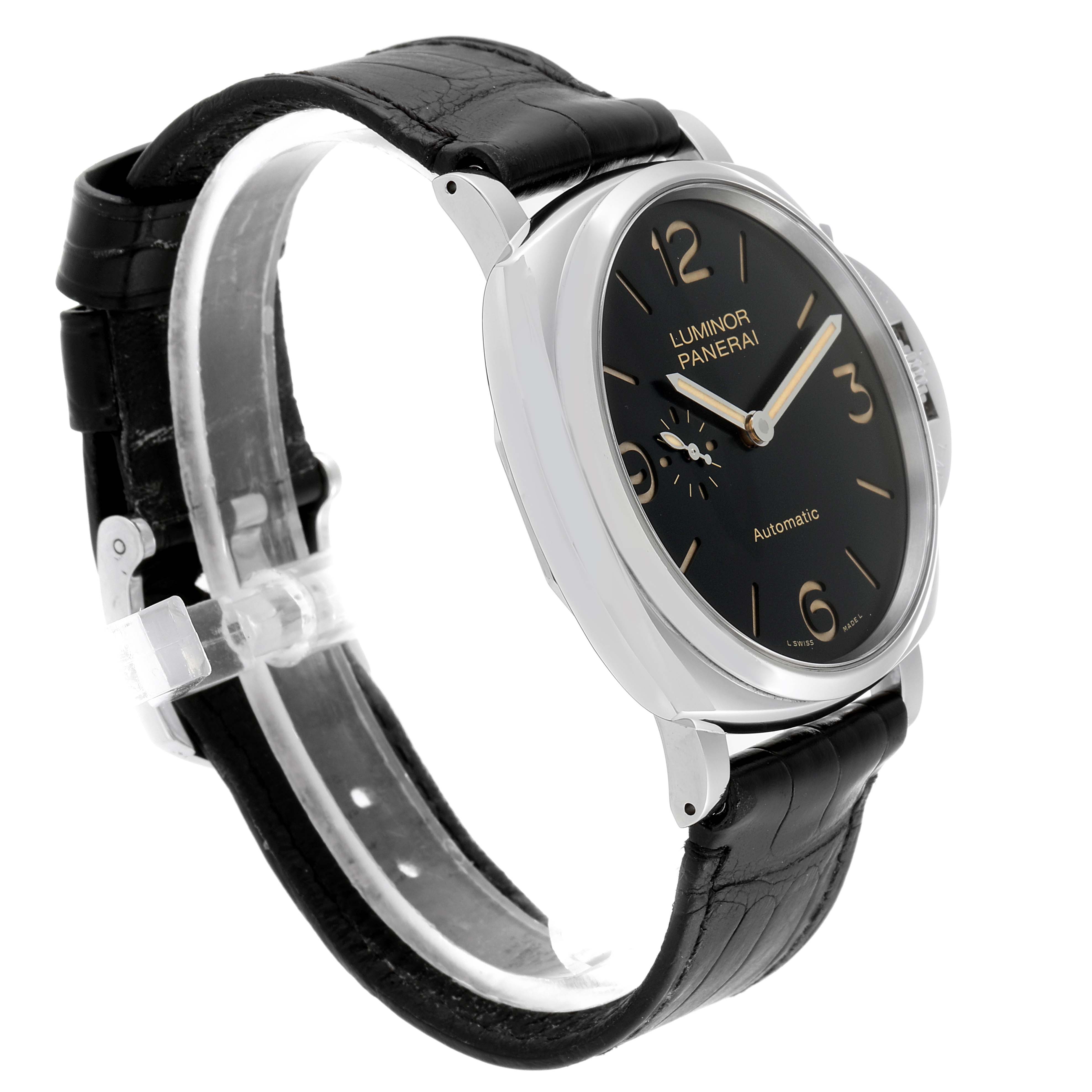 The Panerai Luminor Due PAM00674 Men's Stainless Steel Black Dial PAM00674 Men's Stainless Steel Black Dial watch is shown at a three-quarter angle, highlighting its black leather strap and black dial with gold numerals.