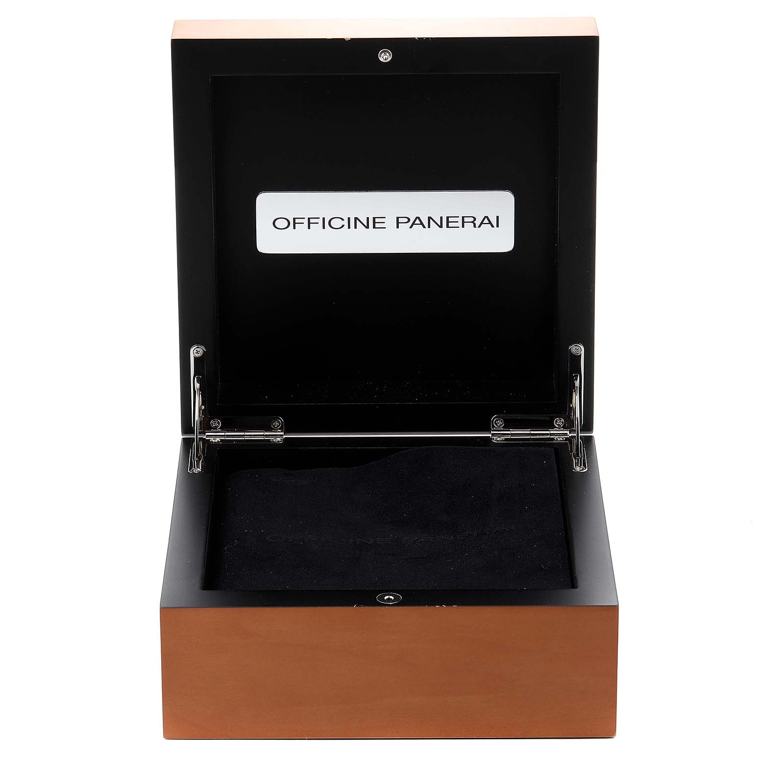 The image shows an open Panerai Luminor Due PAM00674 Men's Stainless Steel Black Dial PAM00674 Men's Stainless Steel Black Dial watch box with the "Officine Panerai" label inside the lid.