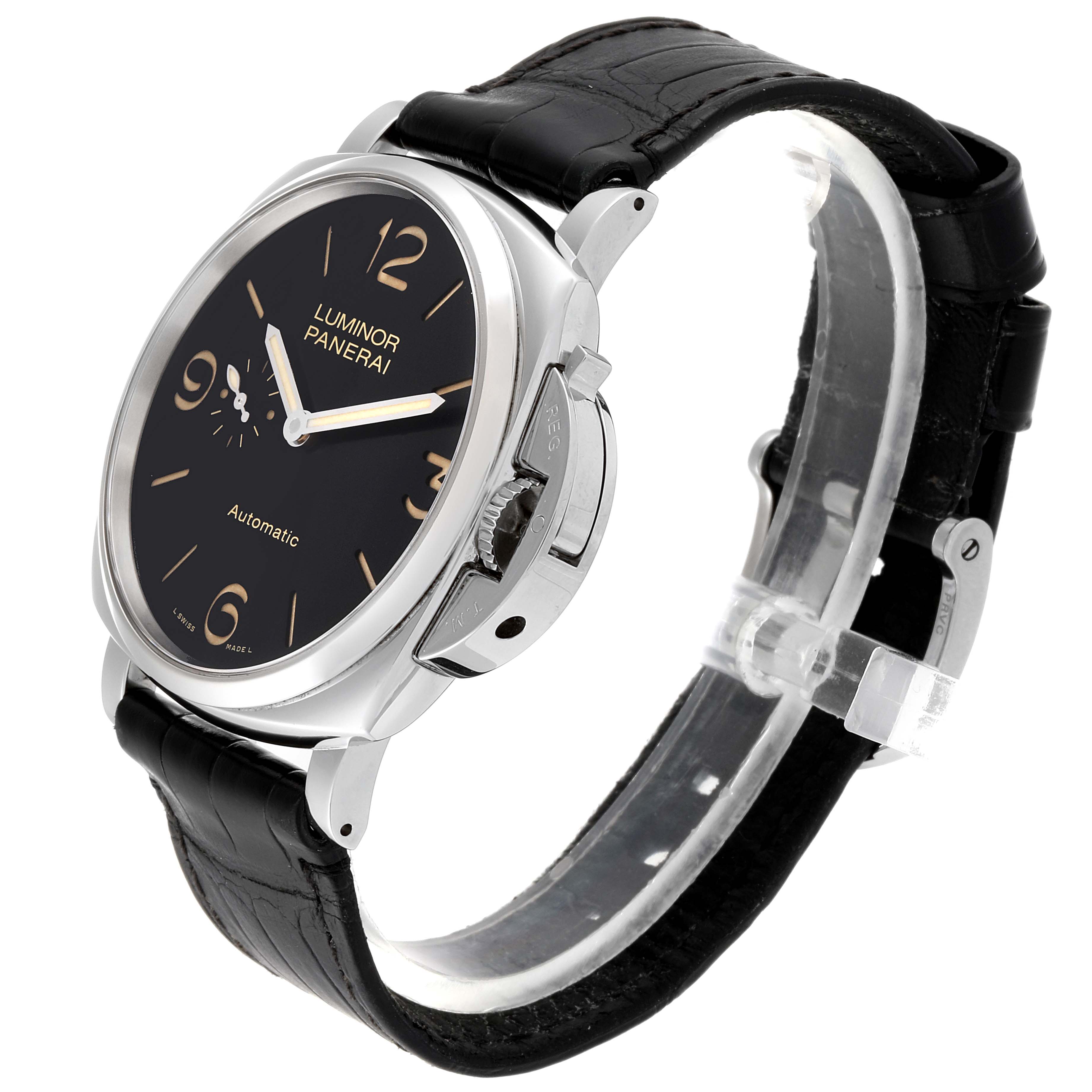The image shows a Panerai Luminor Due PAM00674 Men's Stainless Steel Black Dial PAM00674 Men's Stainless Steel Black Dial watch at a slight angle, highlighting its black dial, silver case, crown guard, and black leather strap.