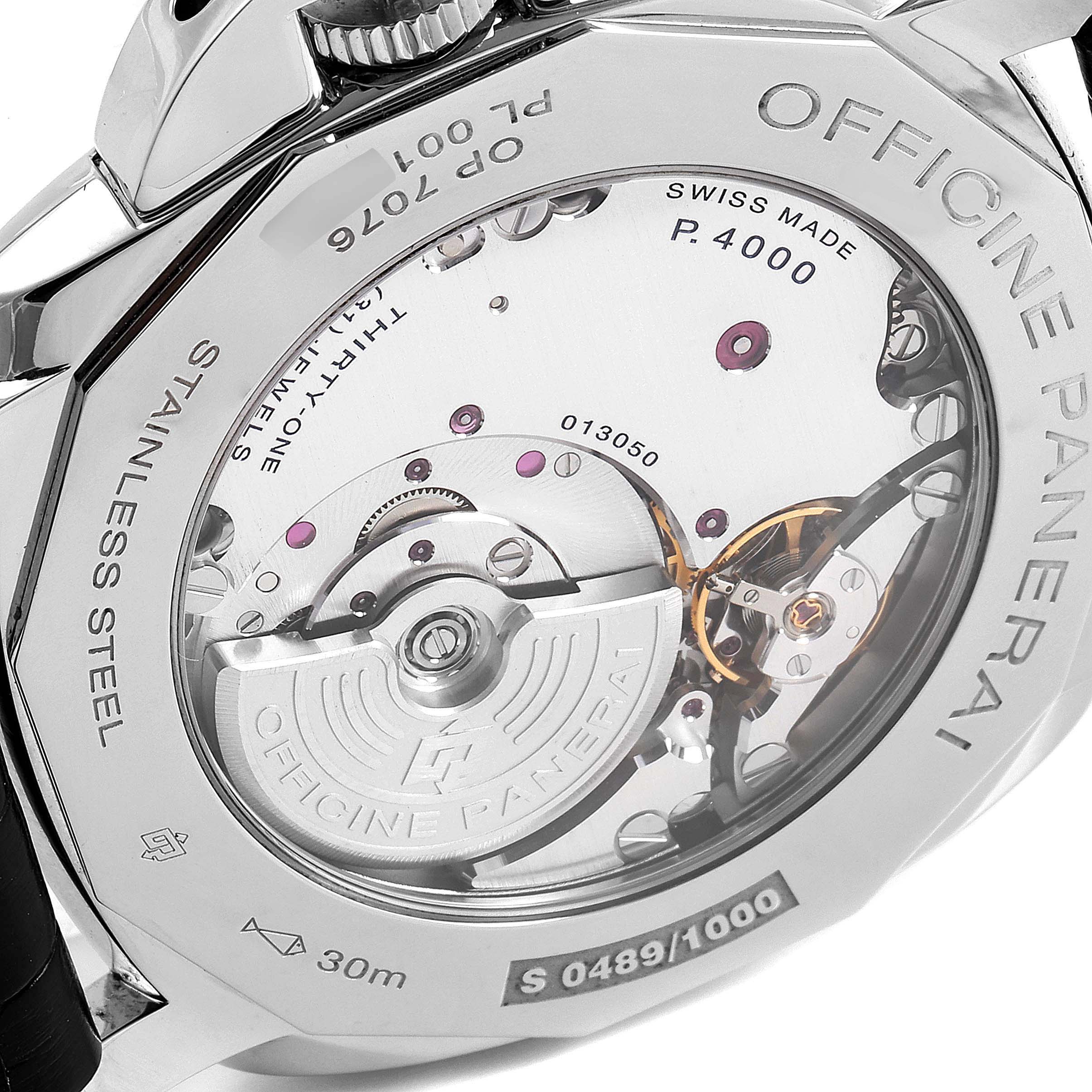 The image shows the back of the Panerai Luminor Due PAM00674 Men's Stainless Steel Black Dial PAM00674 Men's Stainless Steel Black Dial watch, highlighting its inner mechanical components and engravings.