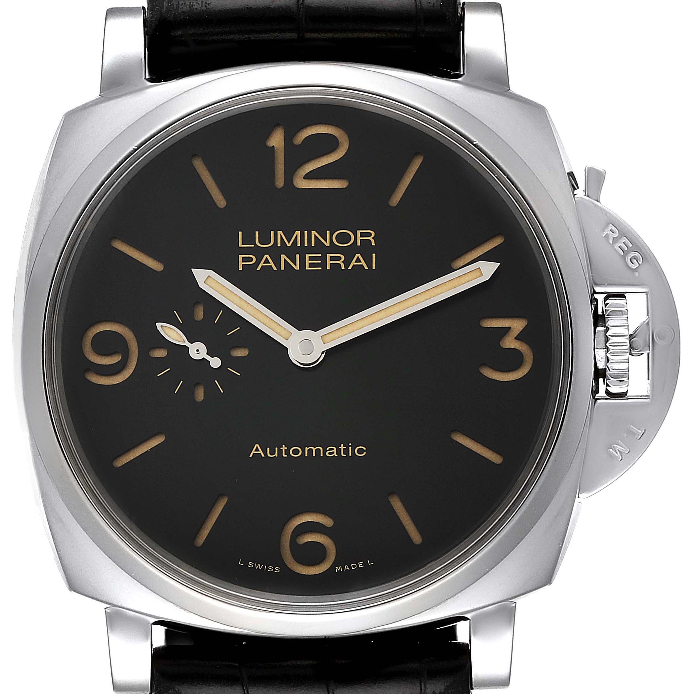 This image shows a front view of the dial and crown guard of the Panerai Luminor Due PAM00674 Men's Stainless Steel Black Dial PAM00674 Men's Stainless Steel Black Dial watch.