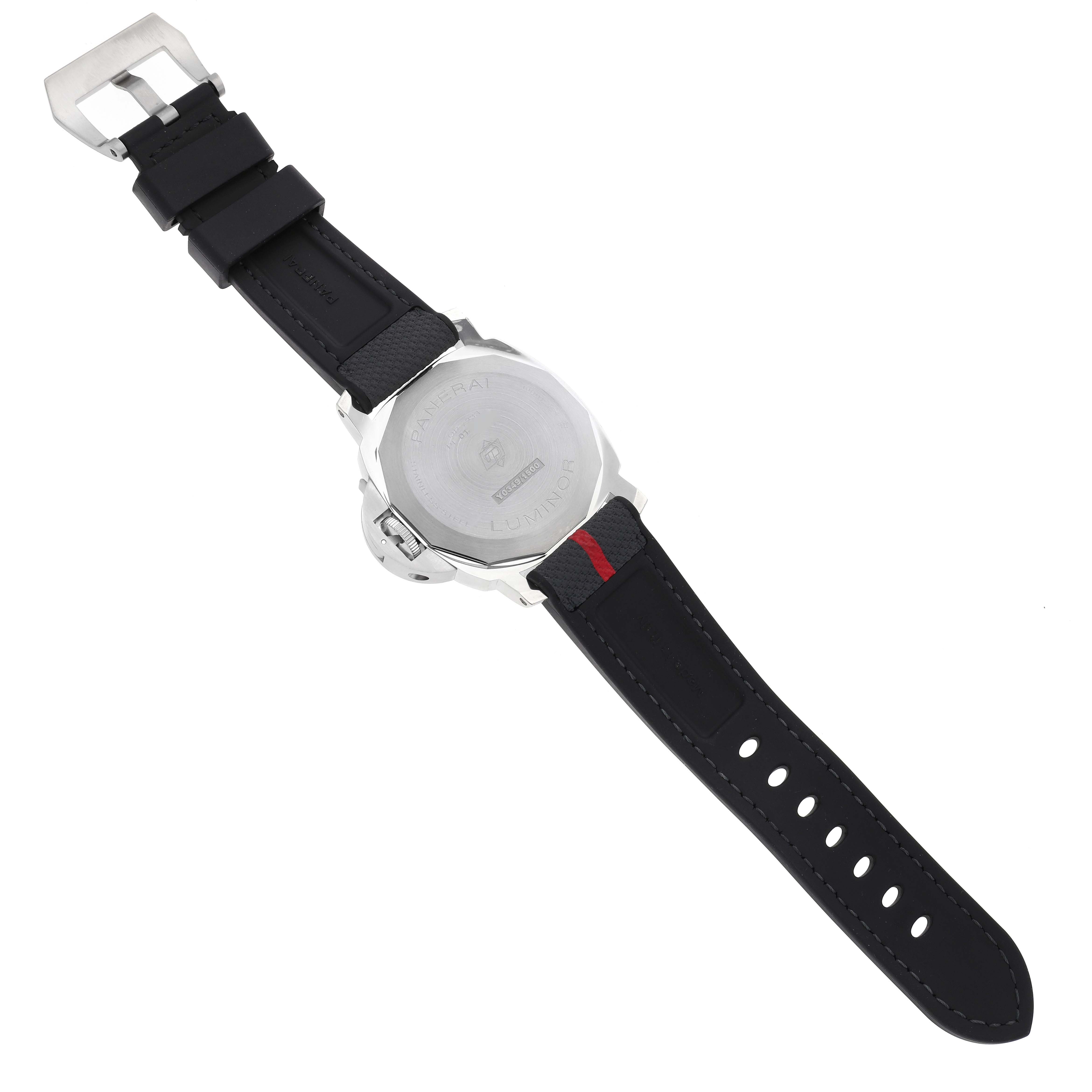 The Panerai Luminor PAM01342 Men
s Stainless Steel White Dial PAM01342 Men
s Stainless Steel White Dial watch is shown from the back, displaying the case back, leather straps, and buckle.