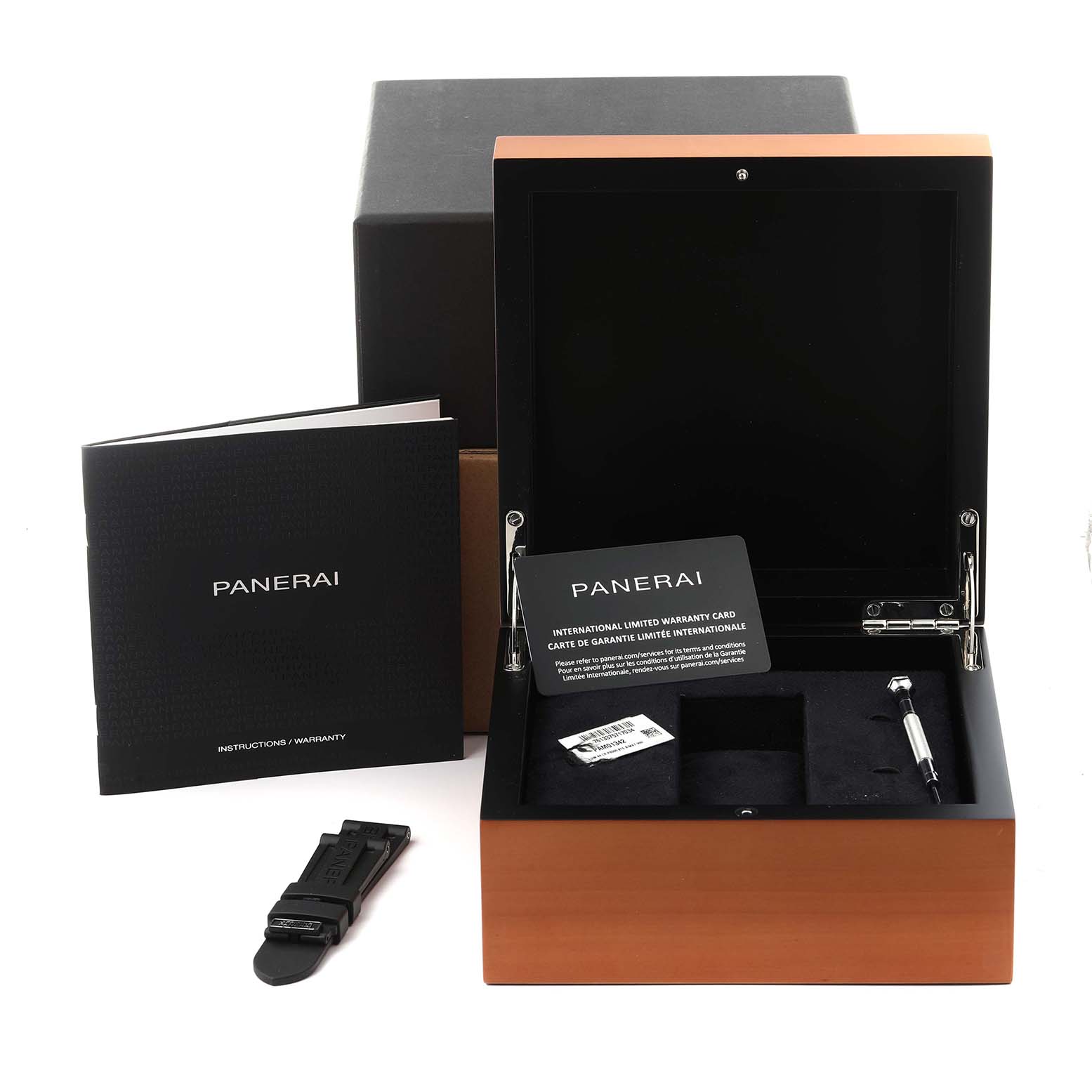 The image shows a Panerai Luminor PAM01342 Men
s Stainless Steel White Dial PAM01342 Men
s Stainless Steel White Dial watch box, booklet, extra strap, and warranty card from a frontal angle.