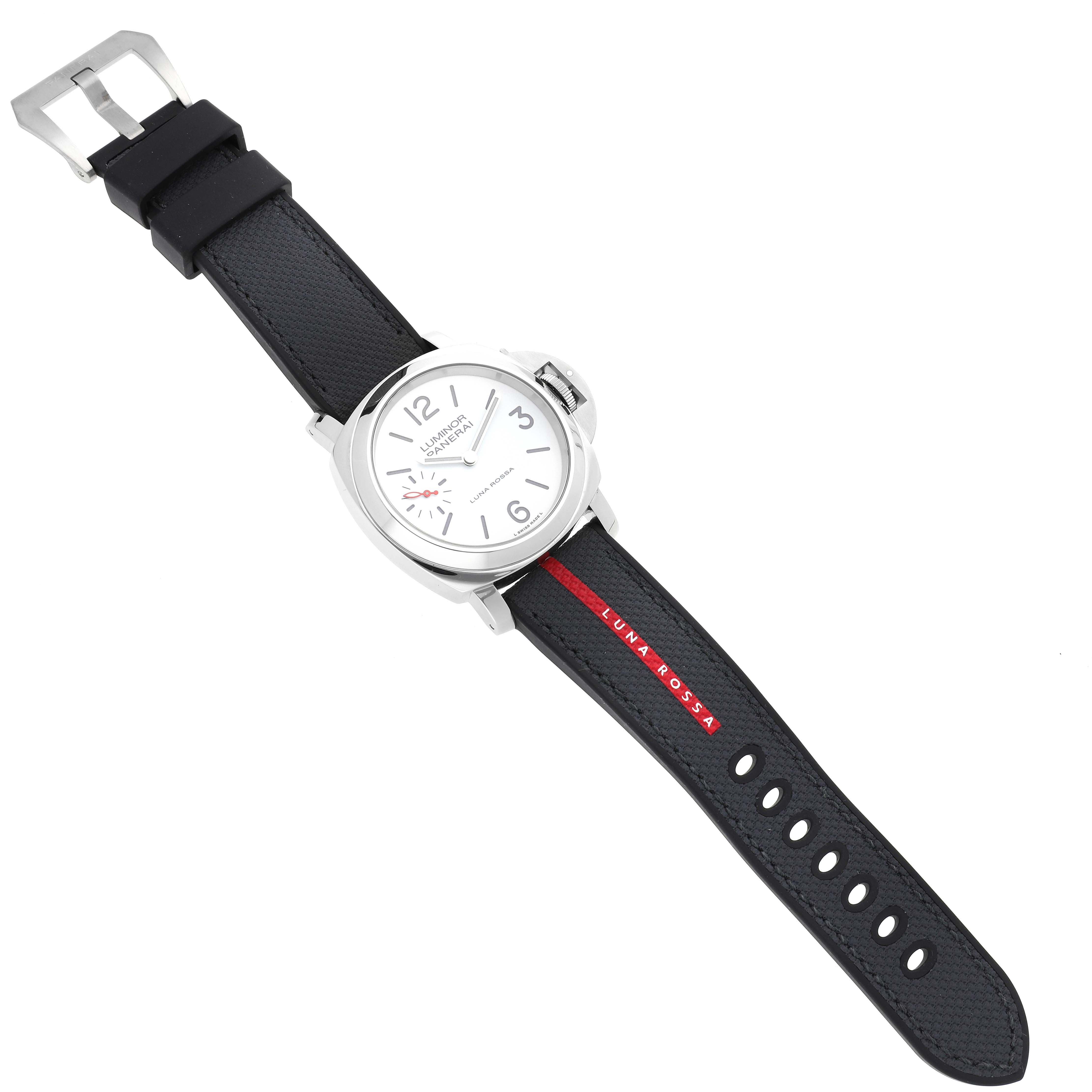 The Panerai Luminor PAM01342 Men
s Stainless Steel White Dial PAM01342 Men
s Stainless Steel White Dial watch is shown from an overhead angle, displaying the full face, strap, and buckle.