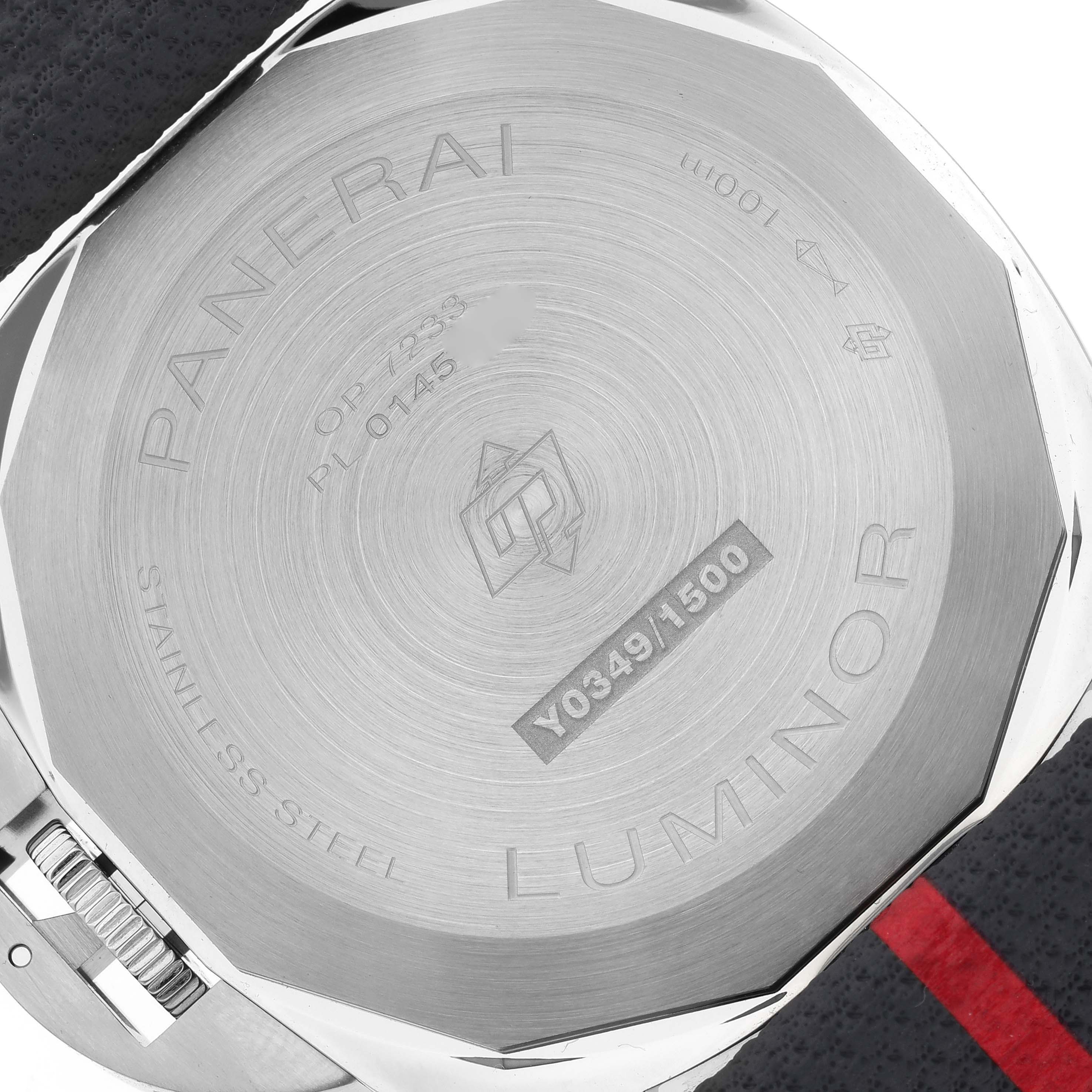 This image shows the back case of a Panerai Luminor PAM01342 Men
s Stainless Steel White Dial PAM01342 Men
s Stainless Steel White Dial watch, highlighting the engraving and material details.