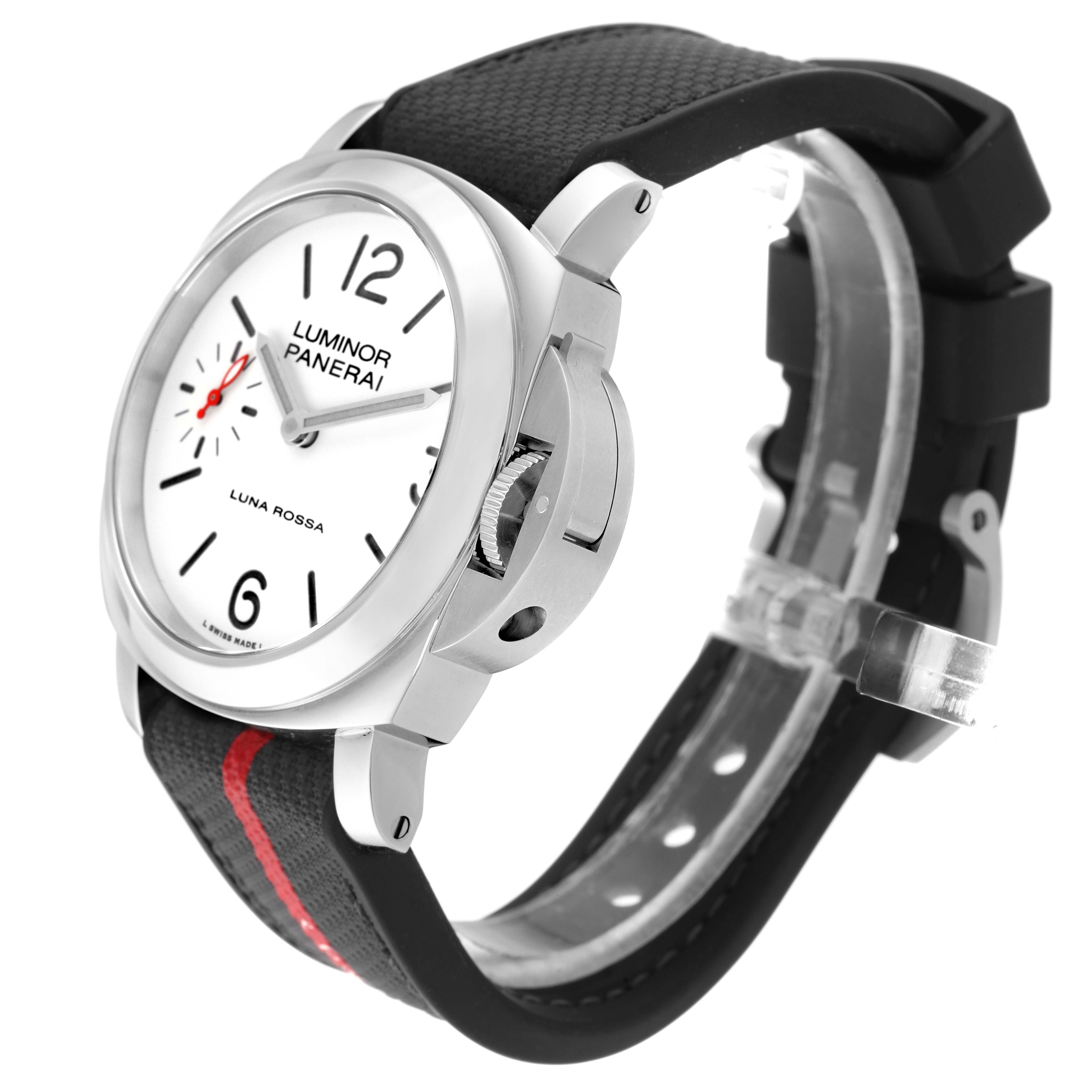 The Panerai Luminor PAM01342 Men
s Stainless Steel White Dial PAM01342 Men
s Stainless Steel White Dial watch is shown at an angled side view, displaying its face, crown guard, and strap.