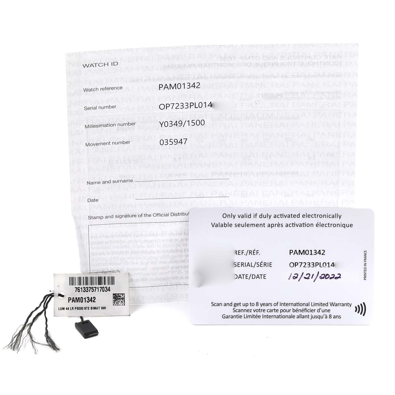 The image shows paperwork and tags for a Panerai Luminor PAM01342 Men
s Stainless Steel White Dial PAM01342 Men
s Stainless Steel White Dial model, including ID details and warranty information.