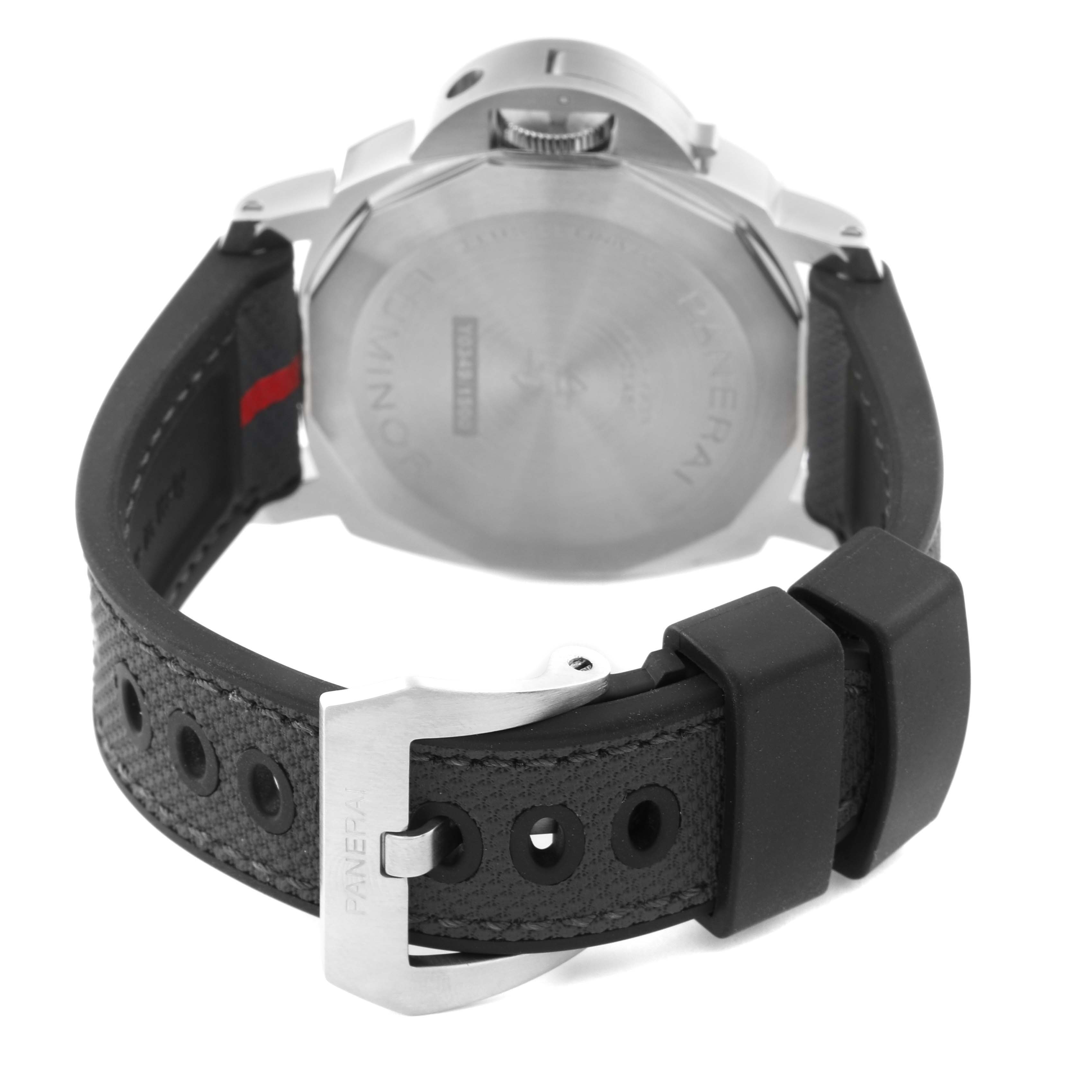 The image shows the back and buckle of a Panerai Luminor PAM01342 Men
s Stainless Steel White Dial PAM01342 Men
s Stainless Steel White Dial watch, highlighting the case back and strap details.