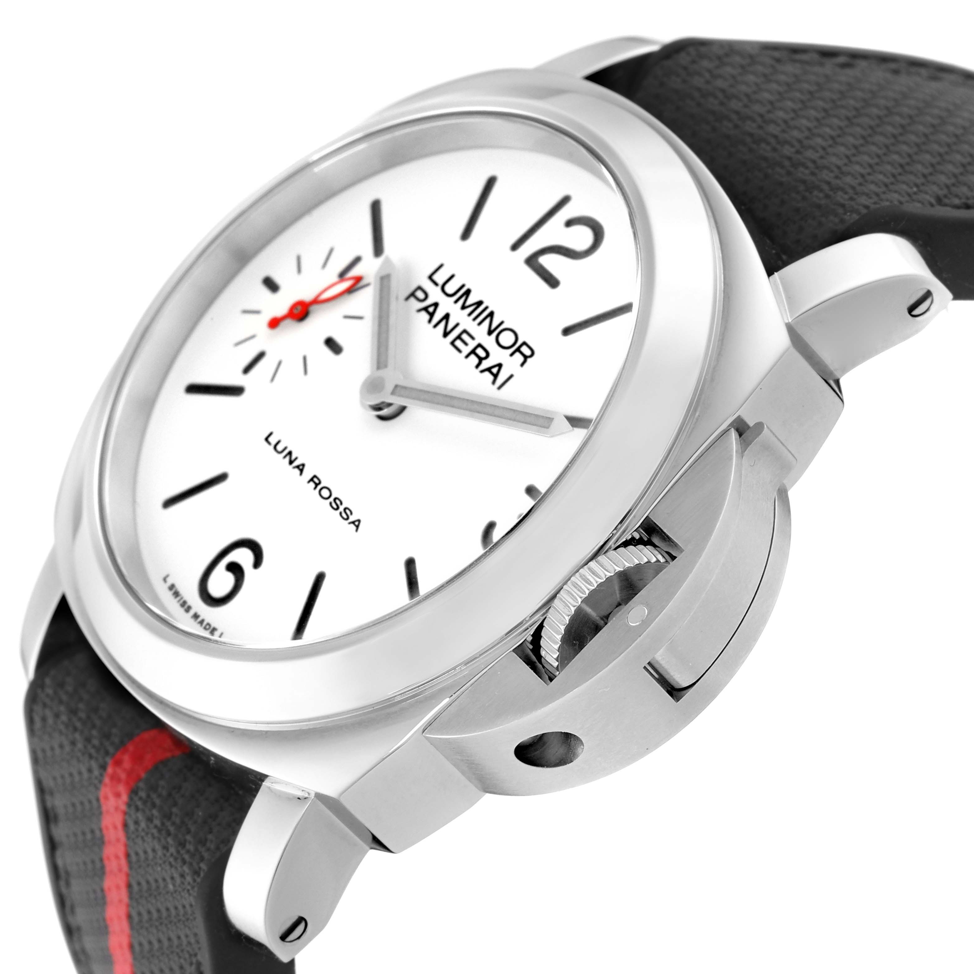 The Panerai Luminor PAM01342 Men
s Stainless Steel White Dial PAM01342 Men
s Stainless Steel White Dial watch is shown from an angled side view, displaying the dial, crown guard, and strap.