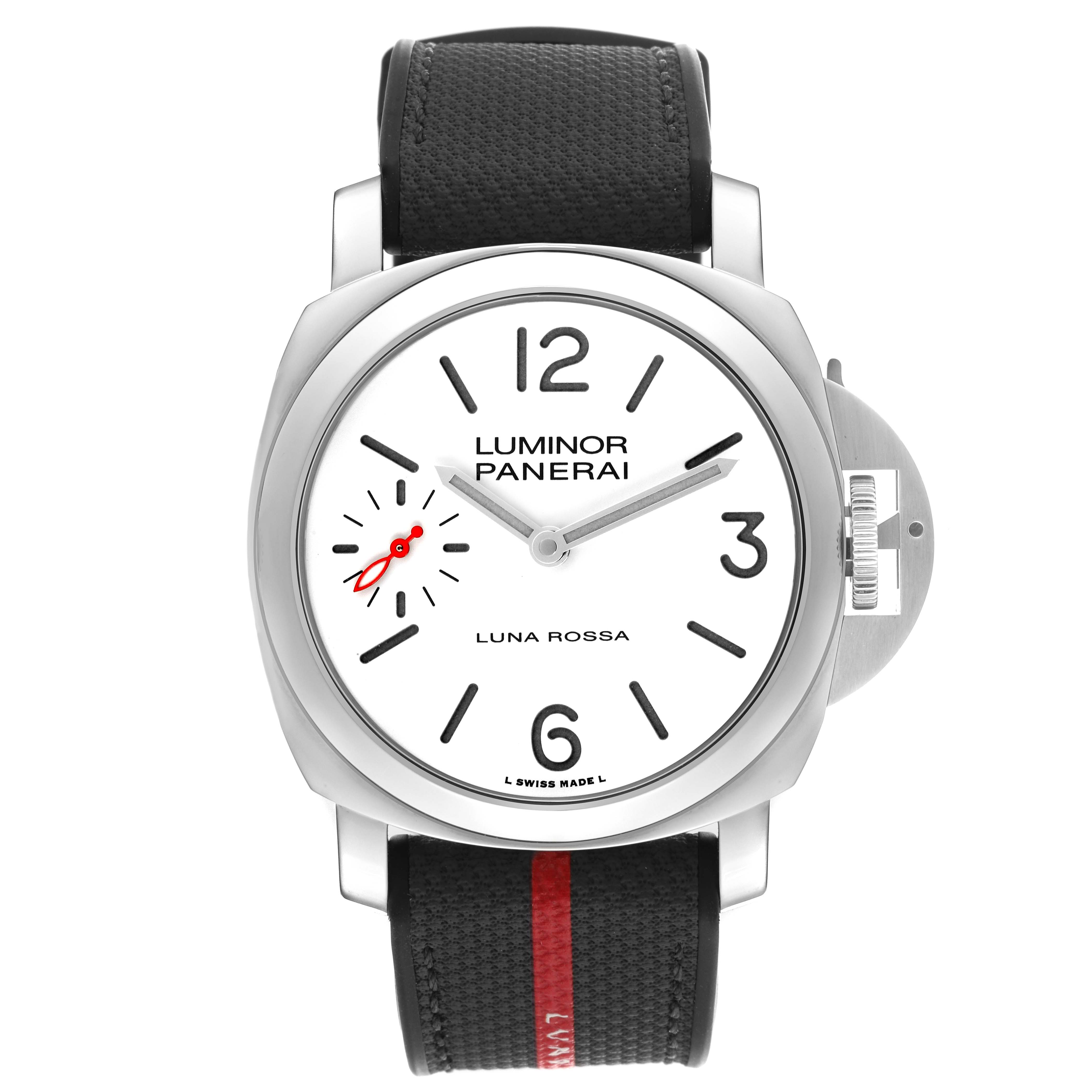 The Panerai Luminor PAM01342 Men
s Stainless Steel White Dial PAM01342 Men
s Stainless Steel White Dial watch is shown from a front angle, displaying the face, strap, and distinctive crown guard.