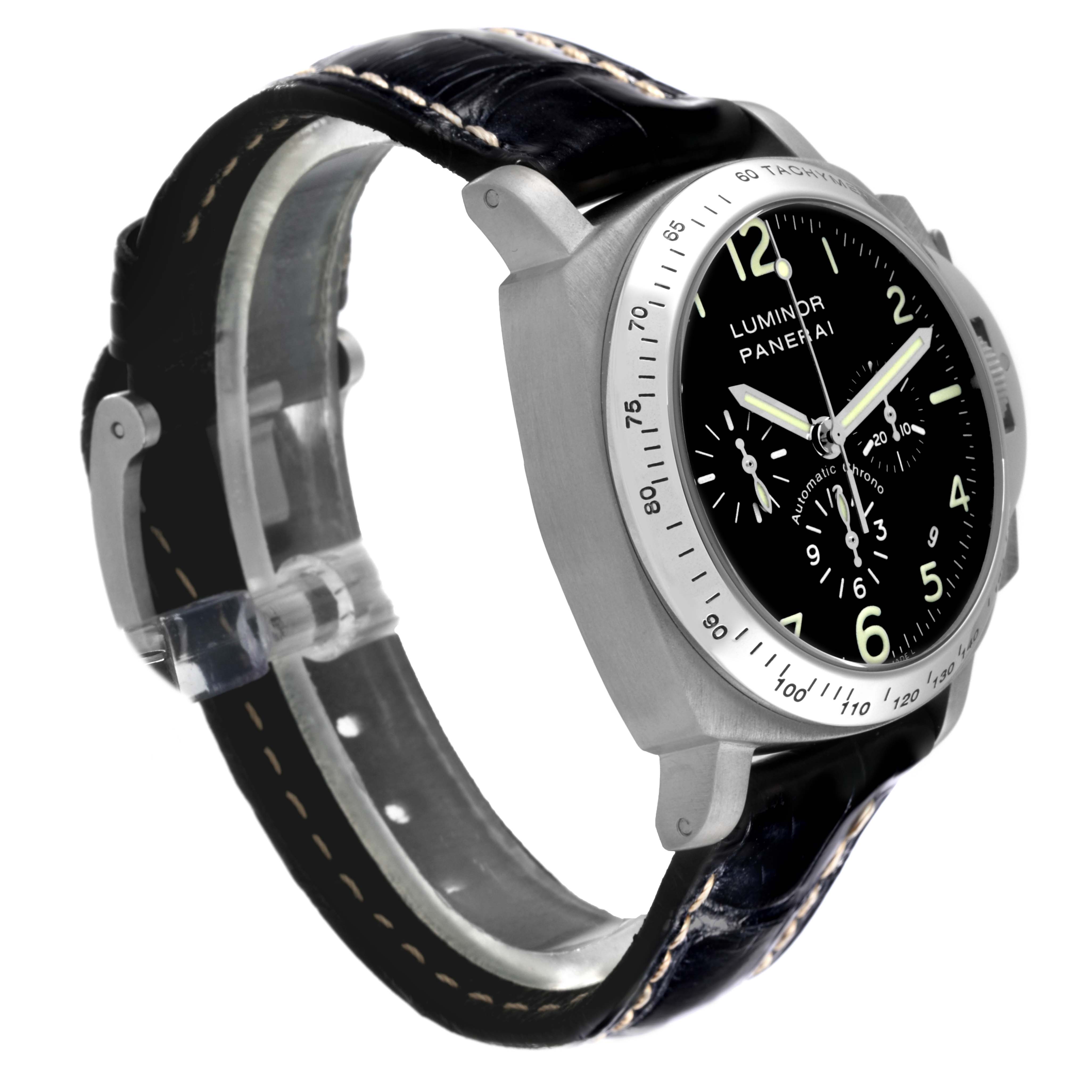 The image shows a side-angle view of the Panerai Luminor PAM00074 Men's Titanium Black Dial PAM00074 Men's Titanium Black Dial watch, highlighting its face, bezel, and leather strap.