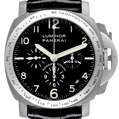 The image shows a front view of the Panerai Luminor watch, highlighting the dial, bezel, and crown guard.