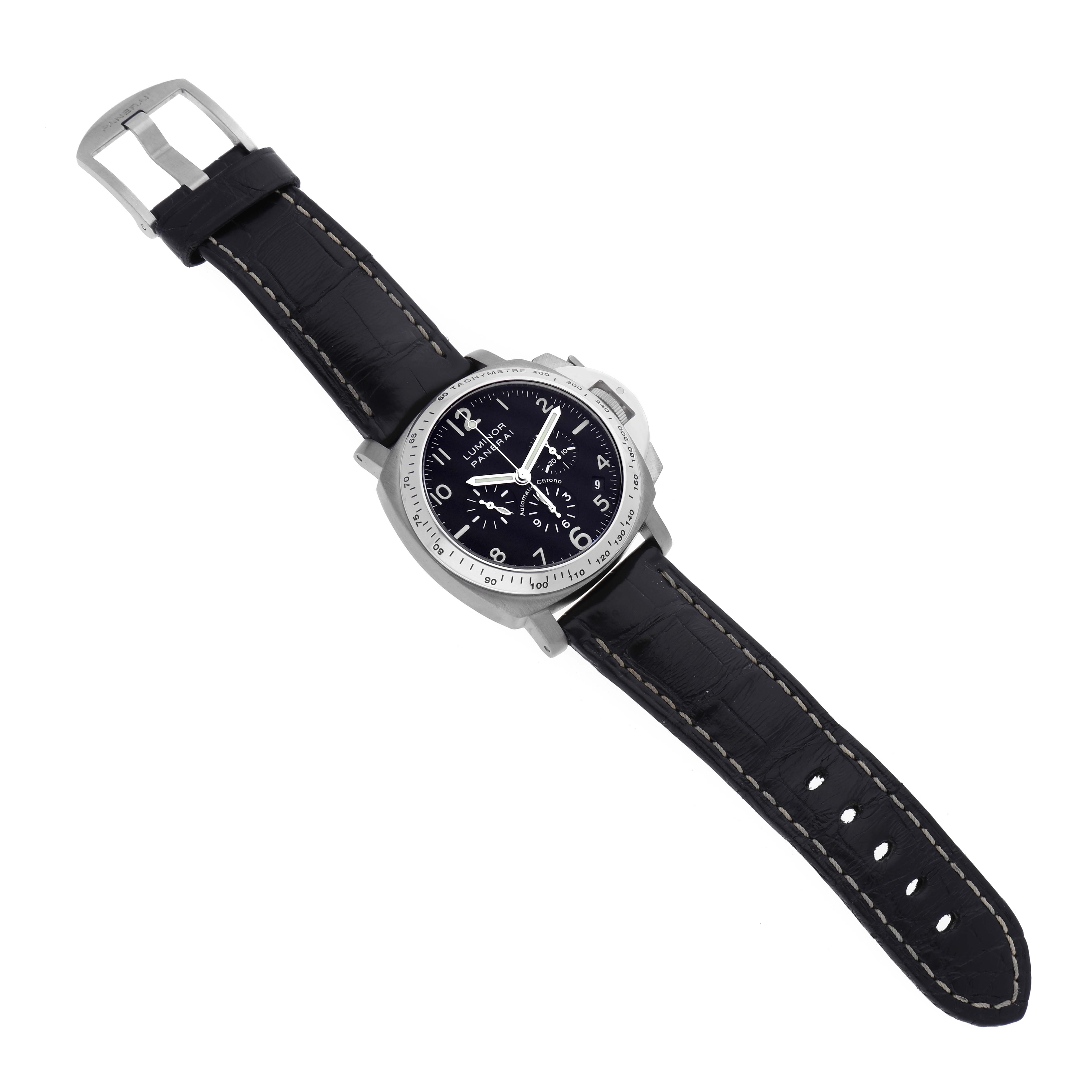 The image shows a top view of a Panerai Luminor PAM00074 Men's Titanium Black Dial PAM00074 Men's Titanium Black Dial watch, displaying the dial, strap, buckle, and crown guard.