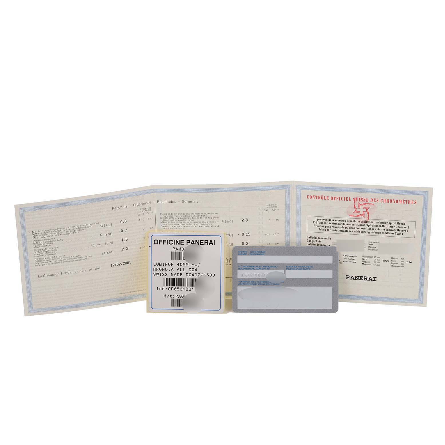 The image shows Panerai Luminor PAM00074 Men's Titanium Black Dial PAM00074 Men's Titanium Black Dial watch documents, including a warranty card and certificates.