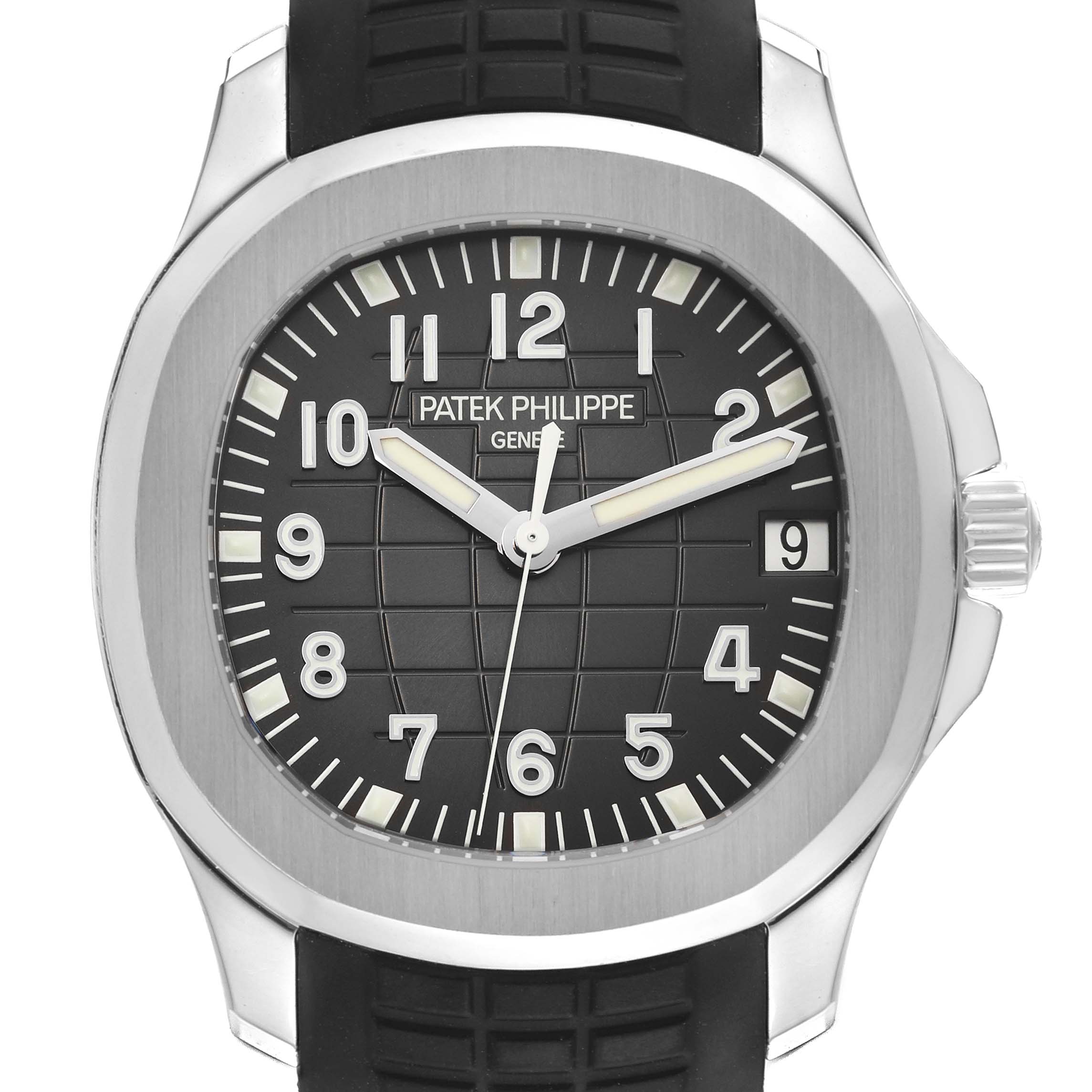 The Patek Philippe Aquanaut 5165A-001 Men's Stainless Steel Grey Dial 5165A-001 Men's Stainless Steel Grey Dial watch is shown from a top-down angle, highlighting the face, bezel, and part of the strap.