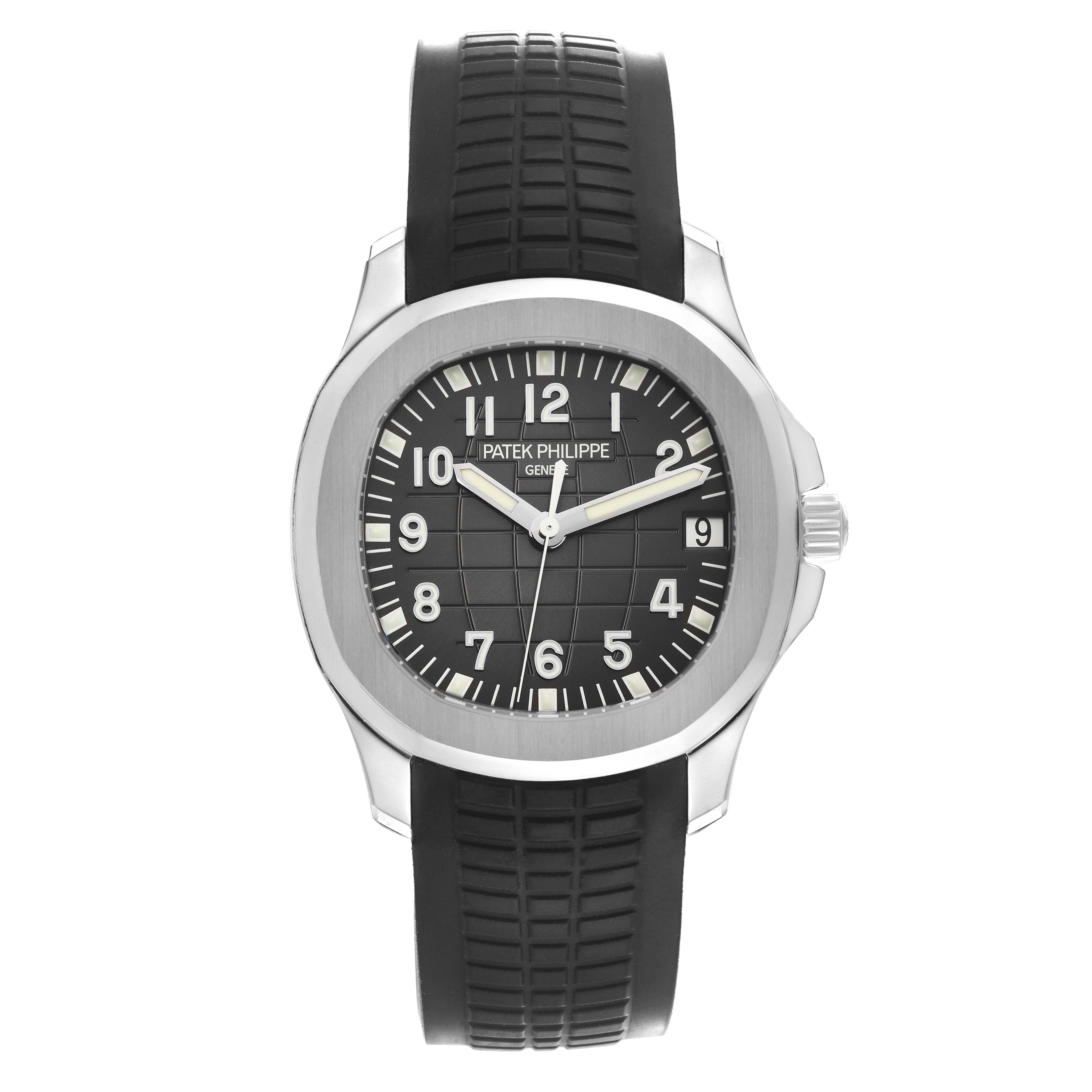 This image shows a frontal view of the Patek Philippe Aquanaut 5165A-001 Men's Stainless Steel Grey Dial 5165A-001 Men's Stainless Steel Grey Dial, highlighting the face, bezel, and black rubber strap.