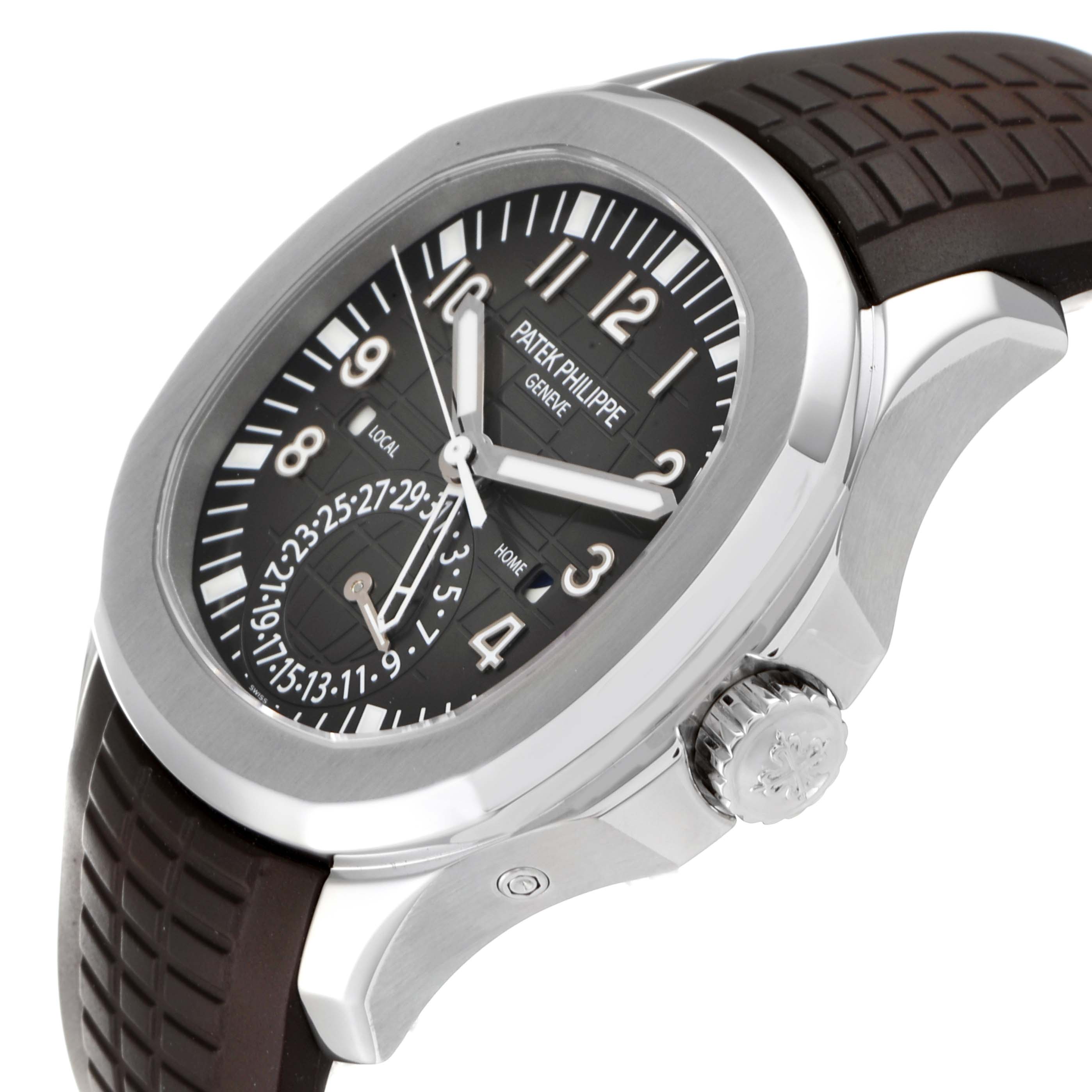 This image shows a side angle of the Patek Philippe Aquanaut 5164A Men's Stainless Steel Black Dial 5164A Men's Stainless Steel Black Dial watch, highlighting the dial, bezel, and crown.