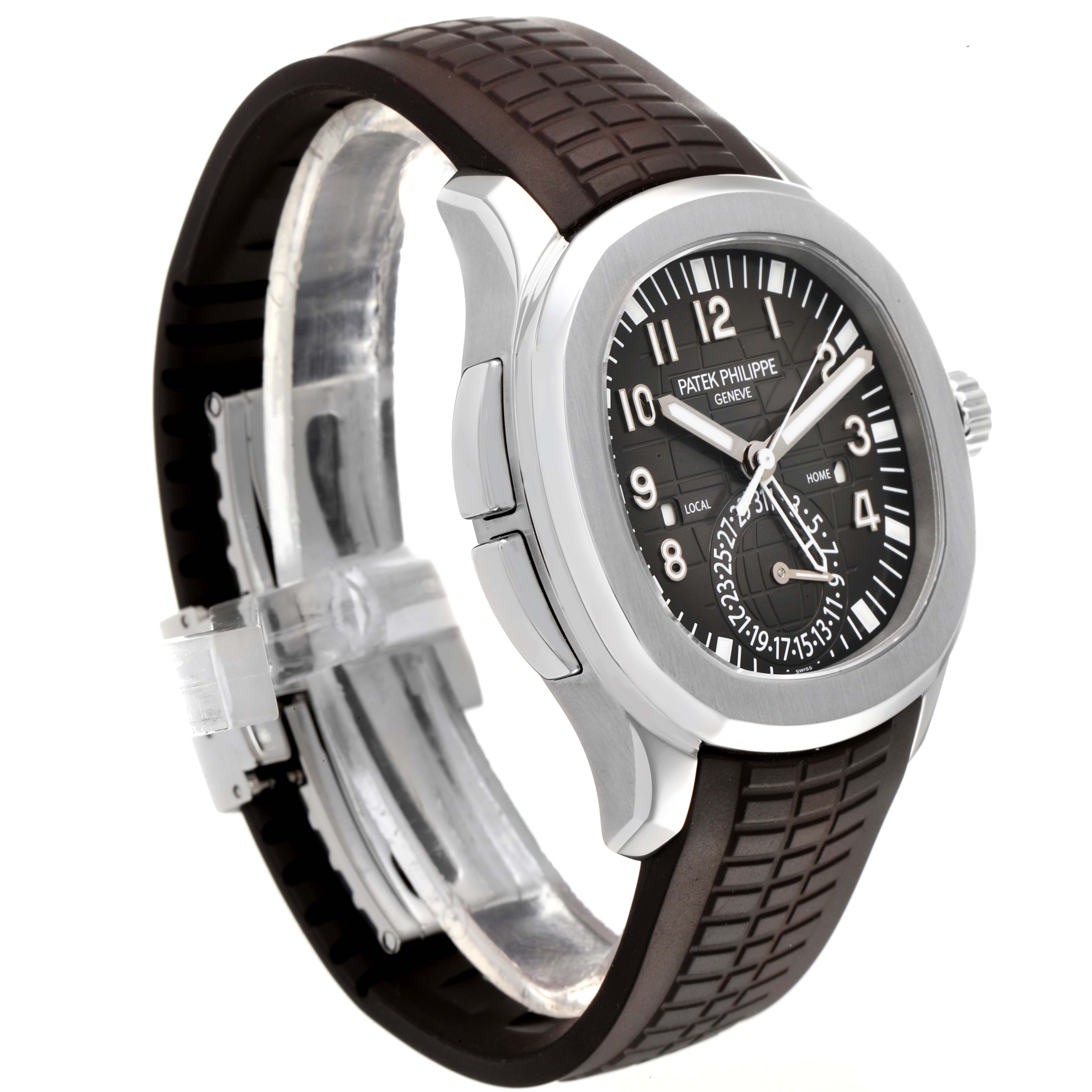 The Patek Philippe Aquanaut 5164A Men's Stainless Steel Black Dial 5164A Men's Stainless Steel Black Dial model watch is shown from an angled side view, displaying the face, bezel, and rubber strap.