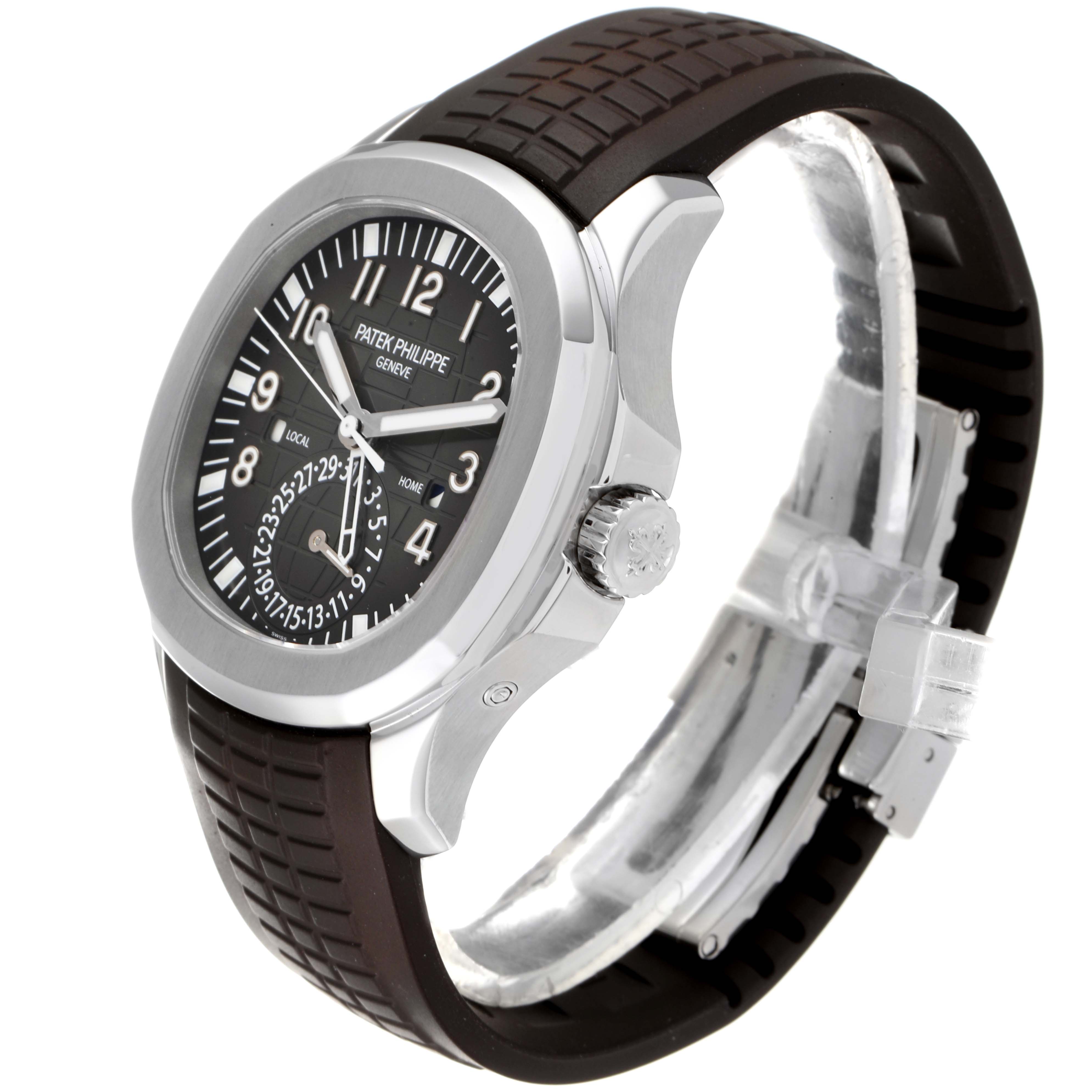 The image shows a side angle of the Patek Philippe Aquanaut 5164A Men's Stainless Steel Black Dial 5164A Men's Stainless Steel Black Dial watch, highlighting its face, crown, and rubber strap.