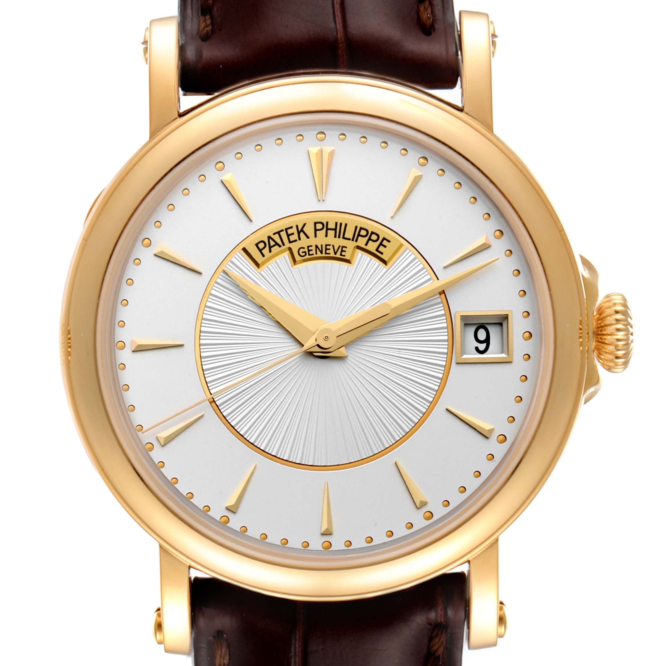 This is a straight-on view of a Patek Philippe Calatrava 5153J Men's Yellow Gold Silver Dial 5153J Men's Yellow Gold Silver Dial watch, showing the dial, case, crown, and part of the leather strap.
