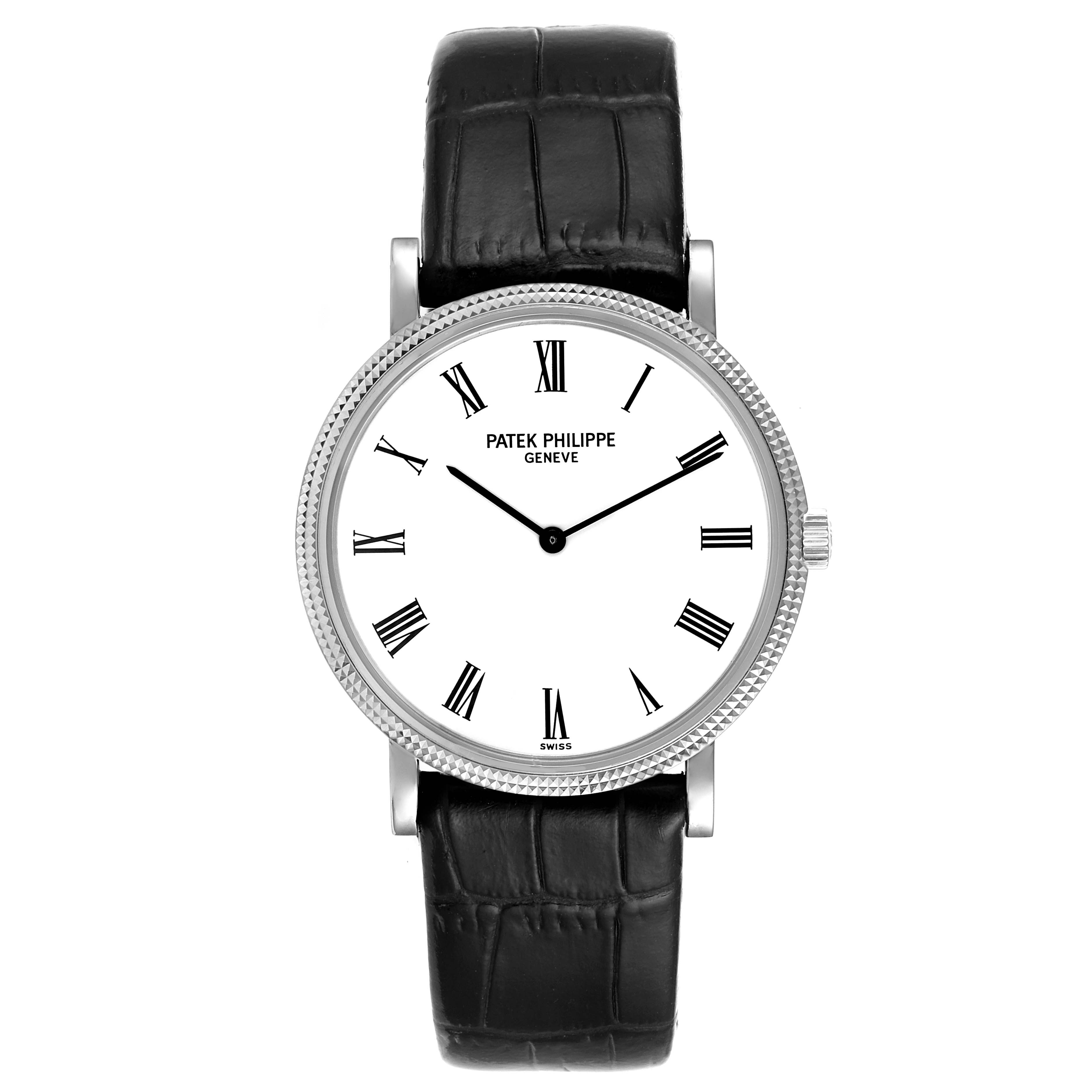 The image shows a front view of the Patek Philippe Calatrava 5120G Men's White Gold White Dial 5120G Men's White Gold White Dial watch with its dial, bezel, and leather strap visible.