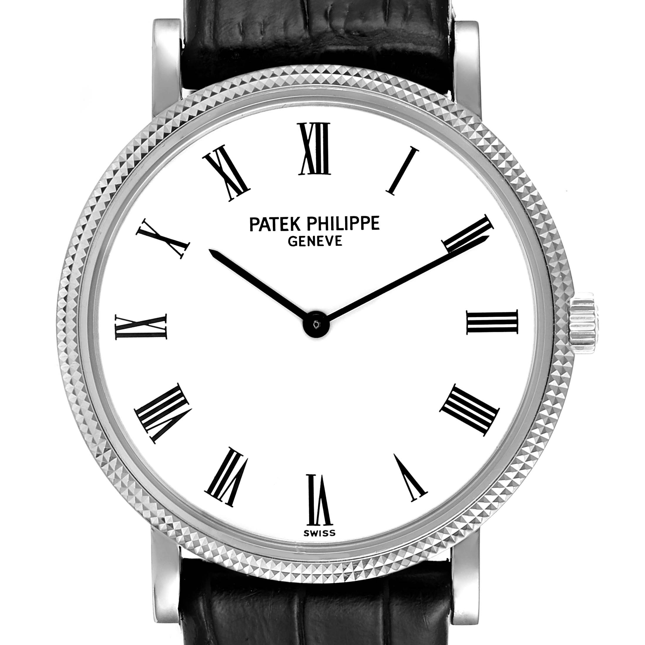 This image shows a Patek Philippe Calatrava 5120G Men's White Gold White Dial 5120G Men's White Gold White Dial watch from a front angle, displaying the face, bezel, and part of the leather strap.