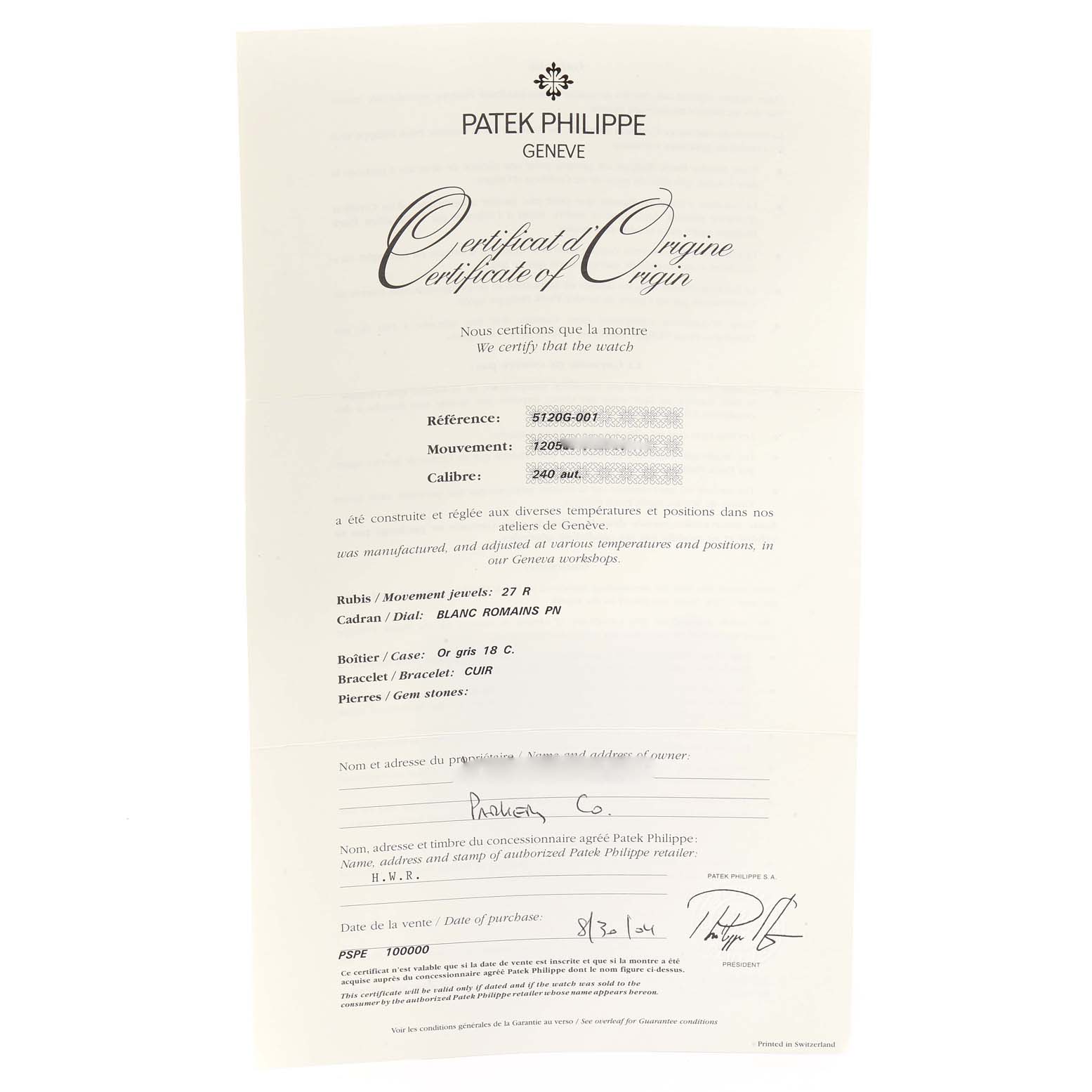 The image shows the Certificate of Origin for a Patek Philippe Calatrava 5120G Men's White Gold White Dial 5120G Men's White Gold White Dial watch model 5120G-001.