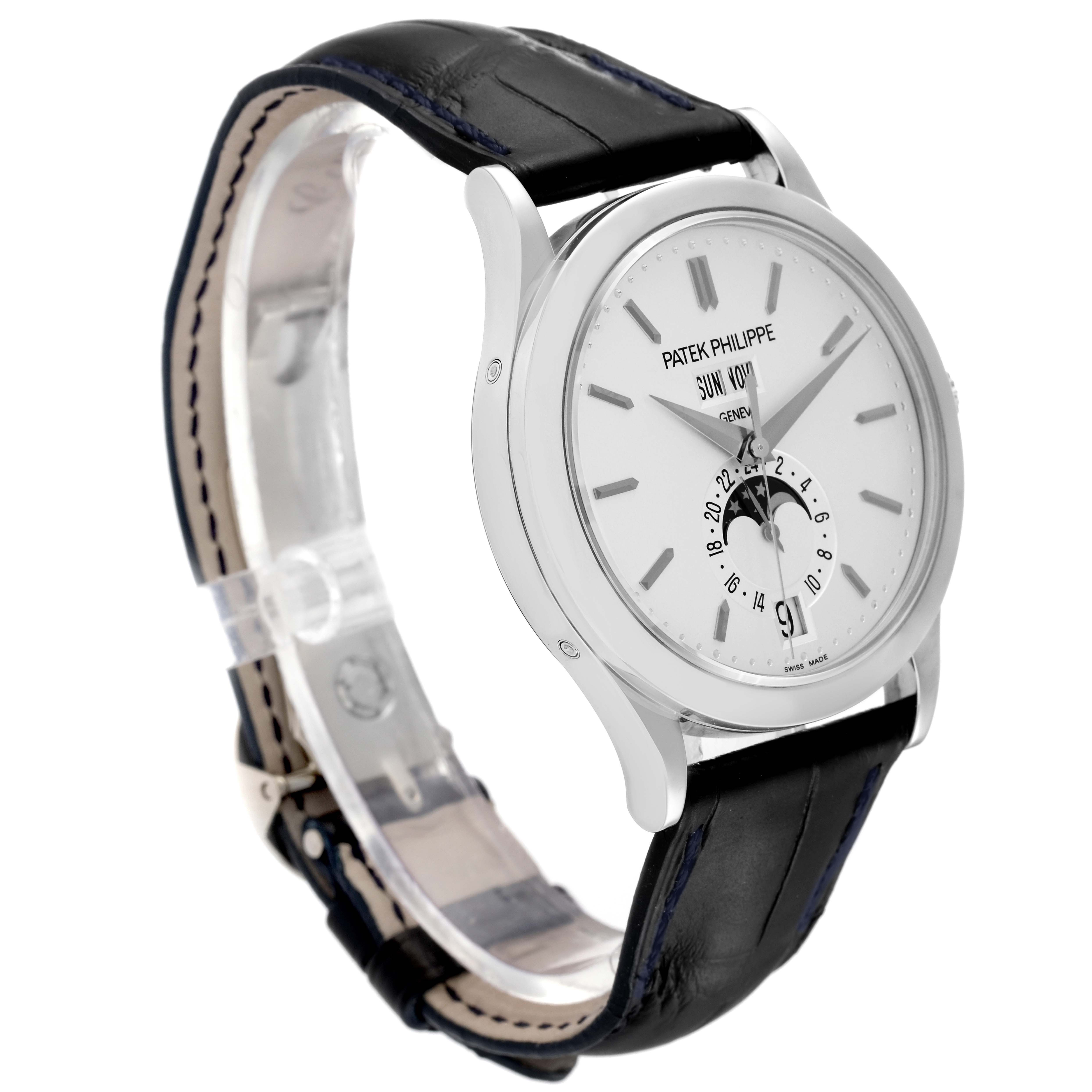 The image shows a Patek Philippe Complications 5396G - 011 Men's White Gold Silver Dial 5396G - 011 Men's White Gold Silver Dial model watch angled from the front, highlighting its dial, case, and strap.