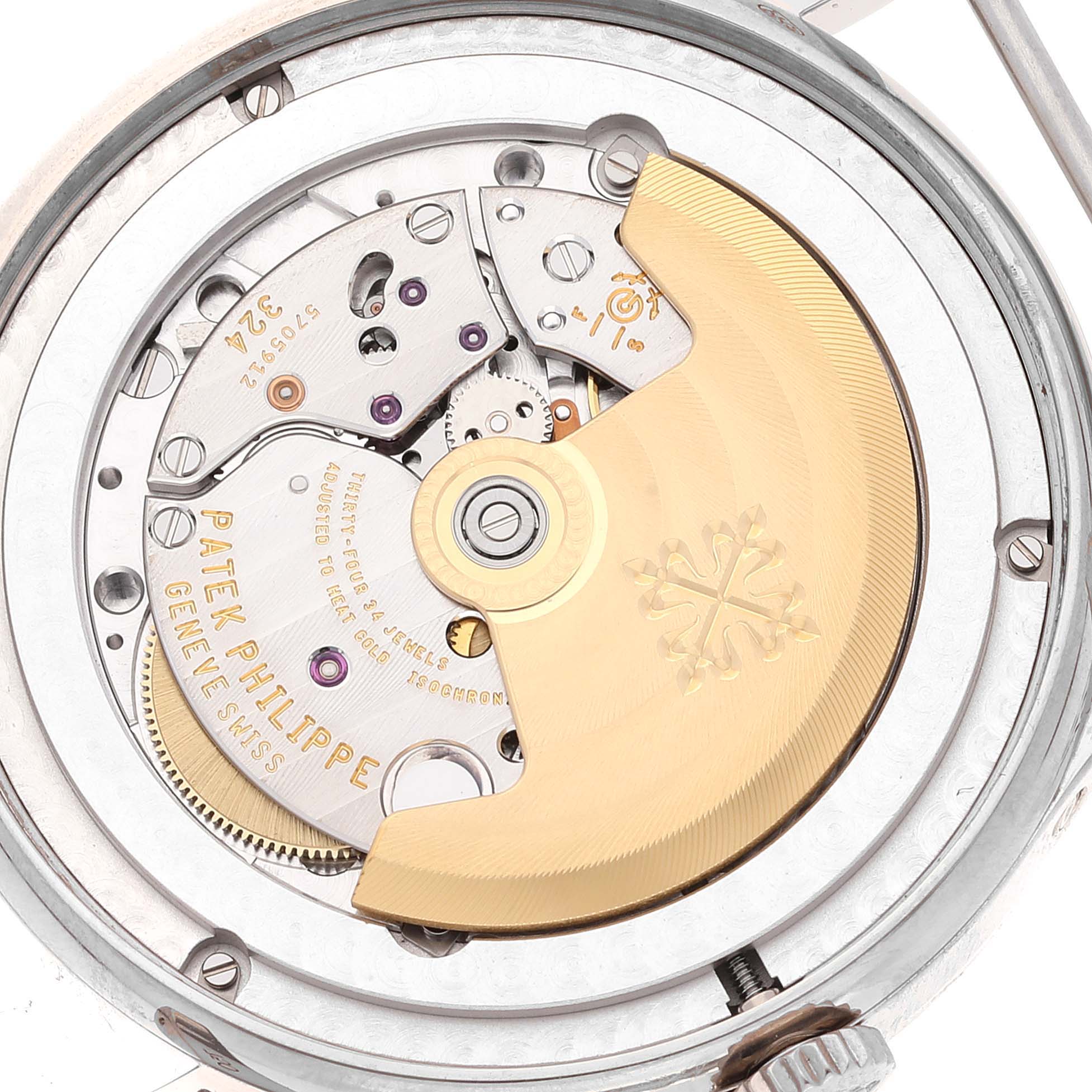 This is a close-up view of the movement mechanism and rotor of the Patek Philippe Complications 5396G - 011 Men's White Gold Silver Dial 5396G - 011 Men's White Gold Silver Dial model.