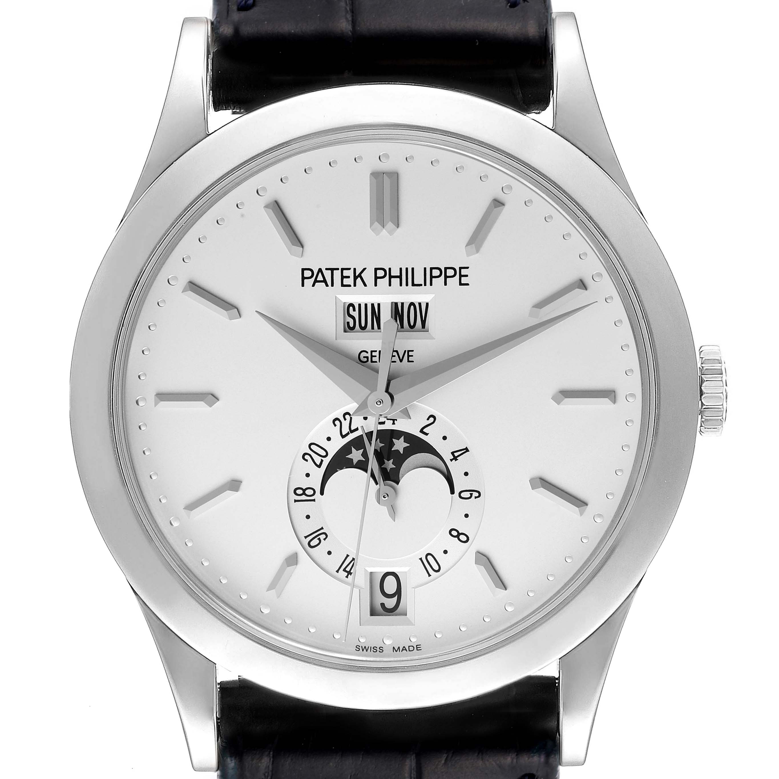 This image shows a frontal view of the Patek Philippe Complications 5396G - 011 Men's White Gold Silver Dial 5396G - 011 Men's White Gold Silver Dial watch, displaying the dial, hands, moon phase, and date window.